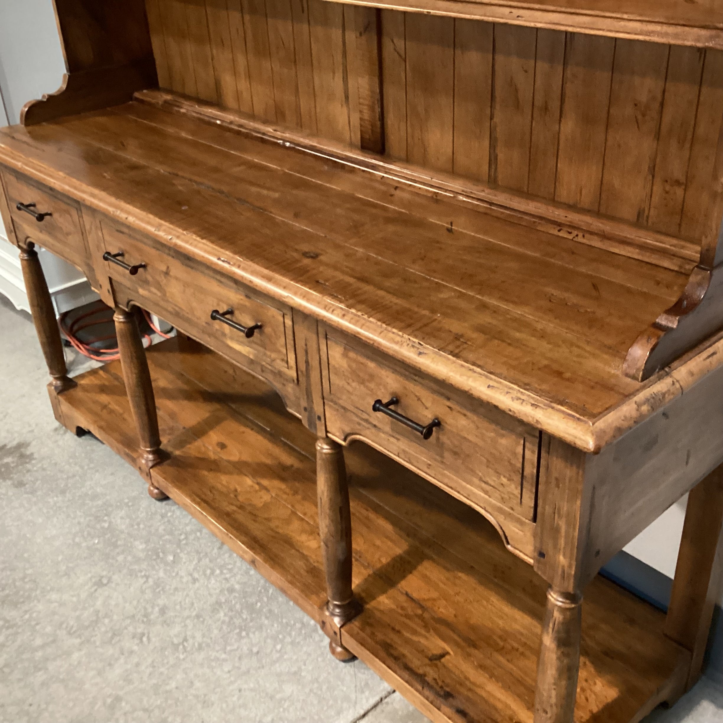 Ethan Allen Vintage Carved Distressed Wood 3 Drawers & Shelves 2 Piece China Hutch 65"x 19"x 82.5"