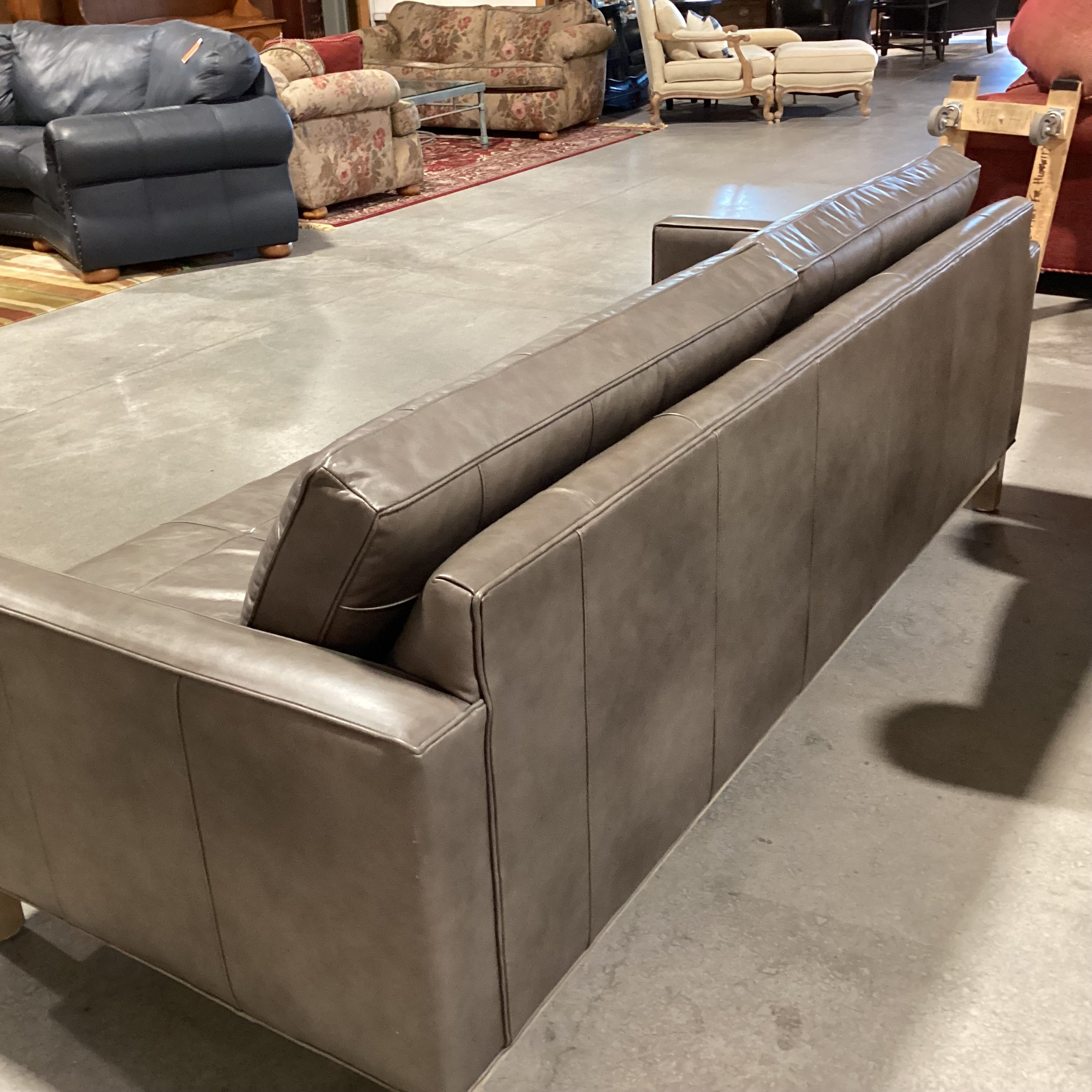Ethan Allen Modern Grey Grid Stitched Leather Sofa 87"x 36"x 29"