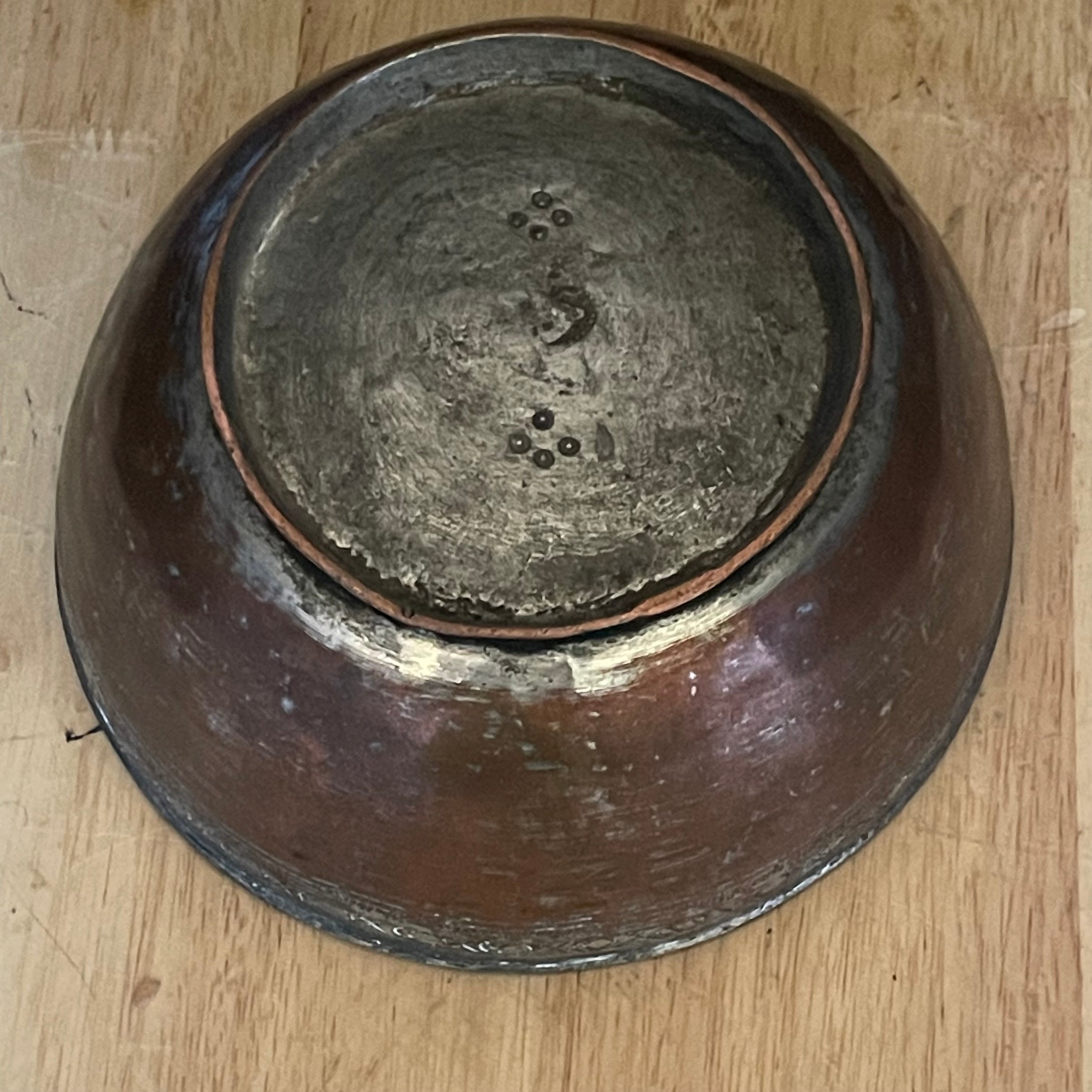 Antique Mid Eastern Style Hammered Copper, Footed, Tinned Bowl, 6.25"x 3"