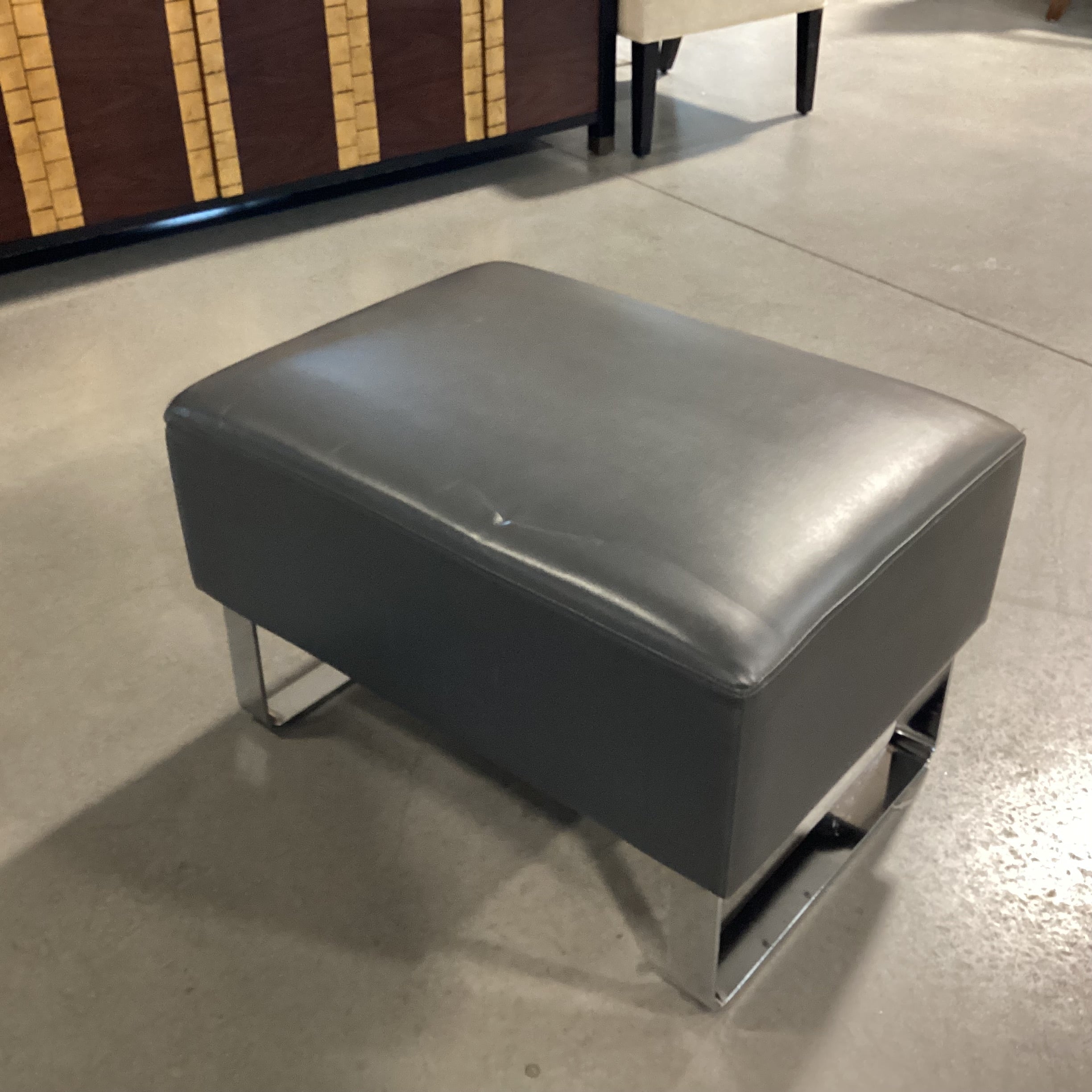 Grey Leather & Chrome Ottoman 28"x 20"x 18.5"