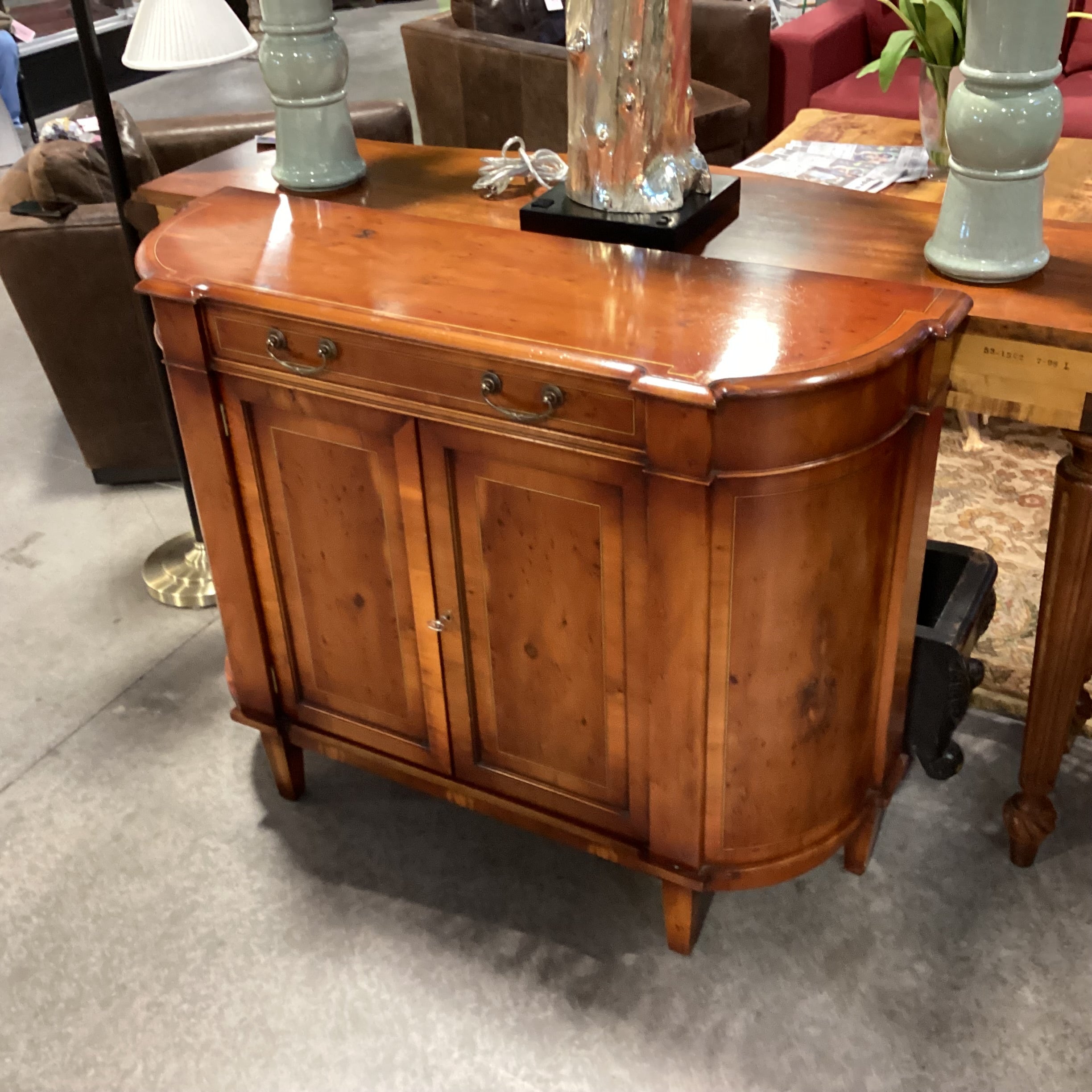 Antique Inspired Bow Front Burl or Birdseye Veneer & Decorative Inlay Lines 2 Door with Drawer Console 48"x 15.5"x 38.5"