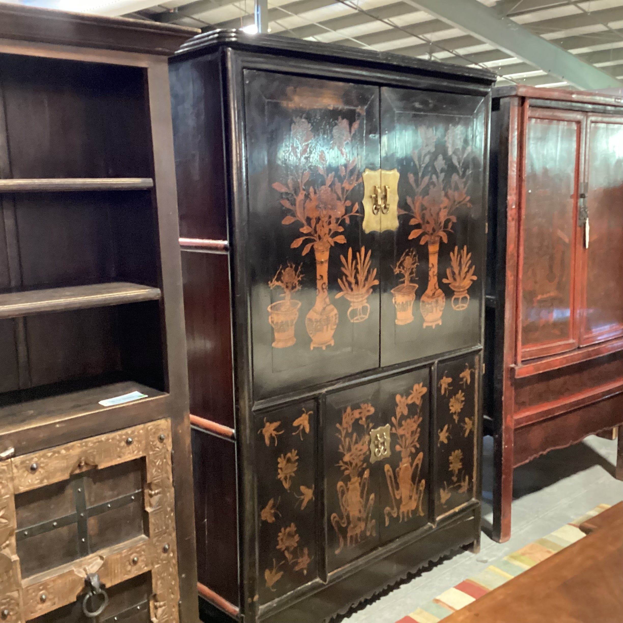 Vintage Antique Asian Black Lacquer & Gold Painted Vase Florals 4 Door with Shelves Armoire 52"x 23"x 79"