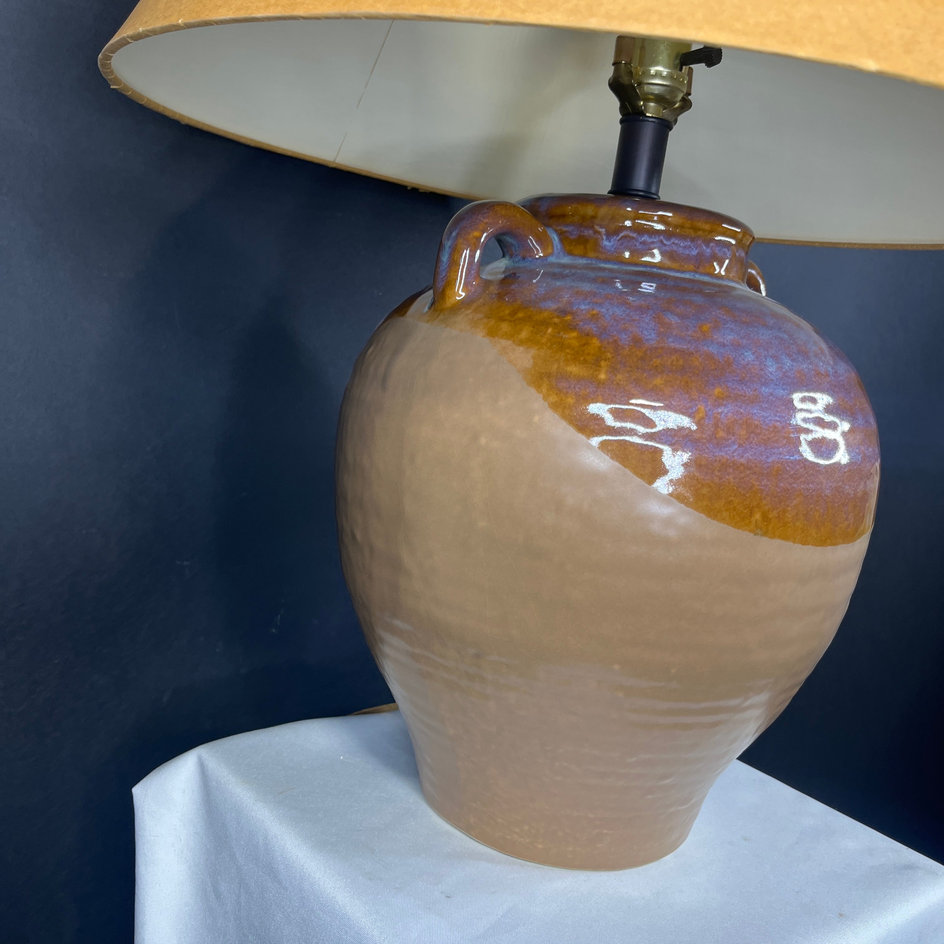 Two Tone Glazed Handled Pottery Jug with Shade Table Lamp 20” Diameter @ Shade x 25.5”