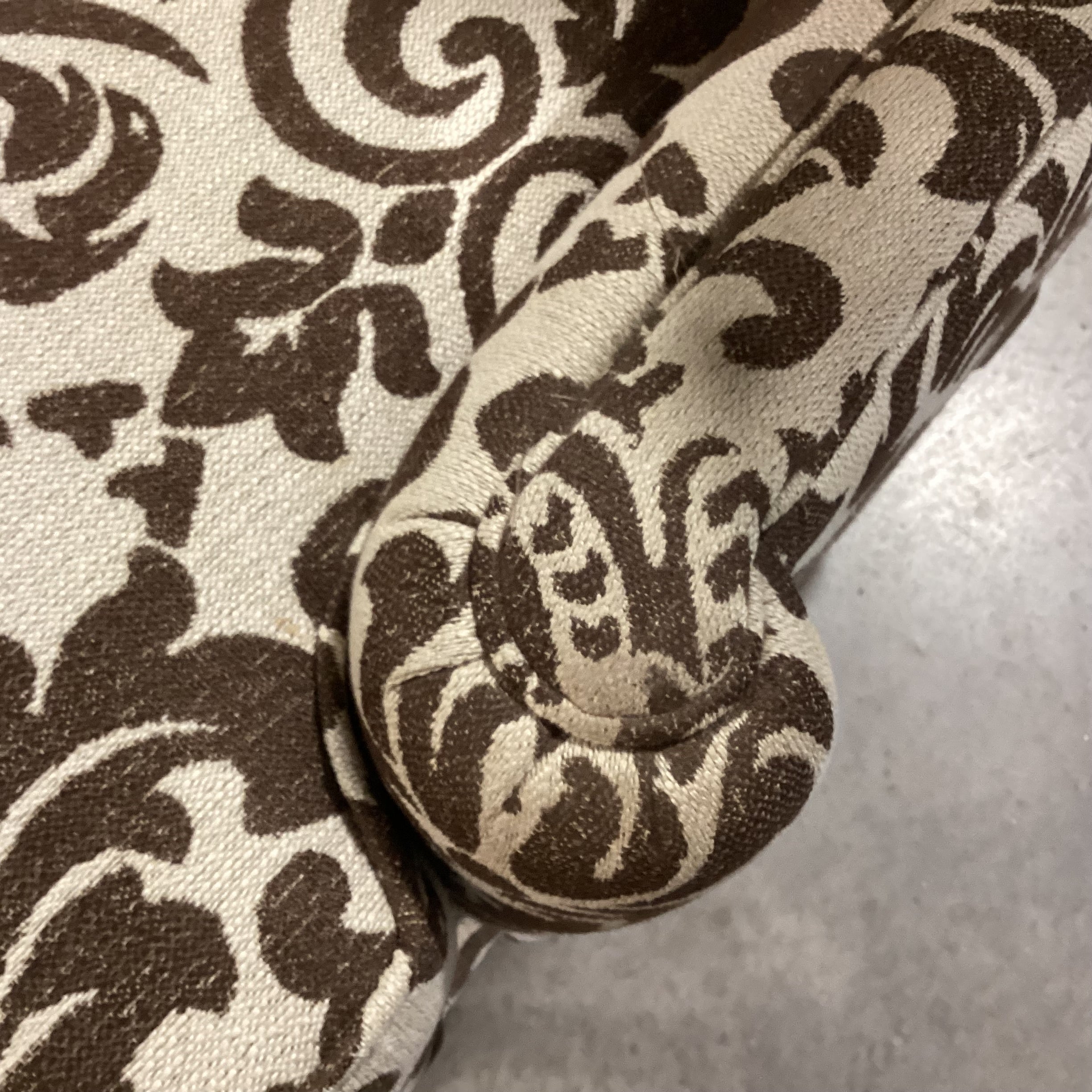 Custom Cream Brown Scroll Floral with Carved Legs Highback Wing Chair 30"x 30"x 50"