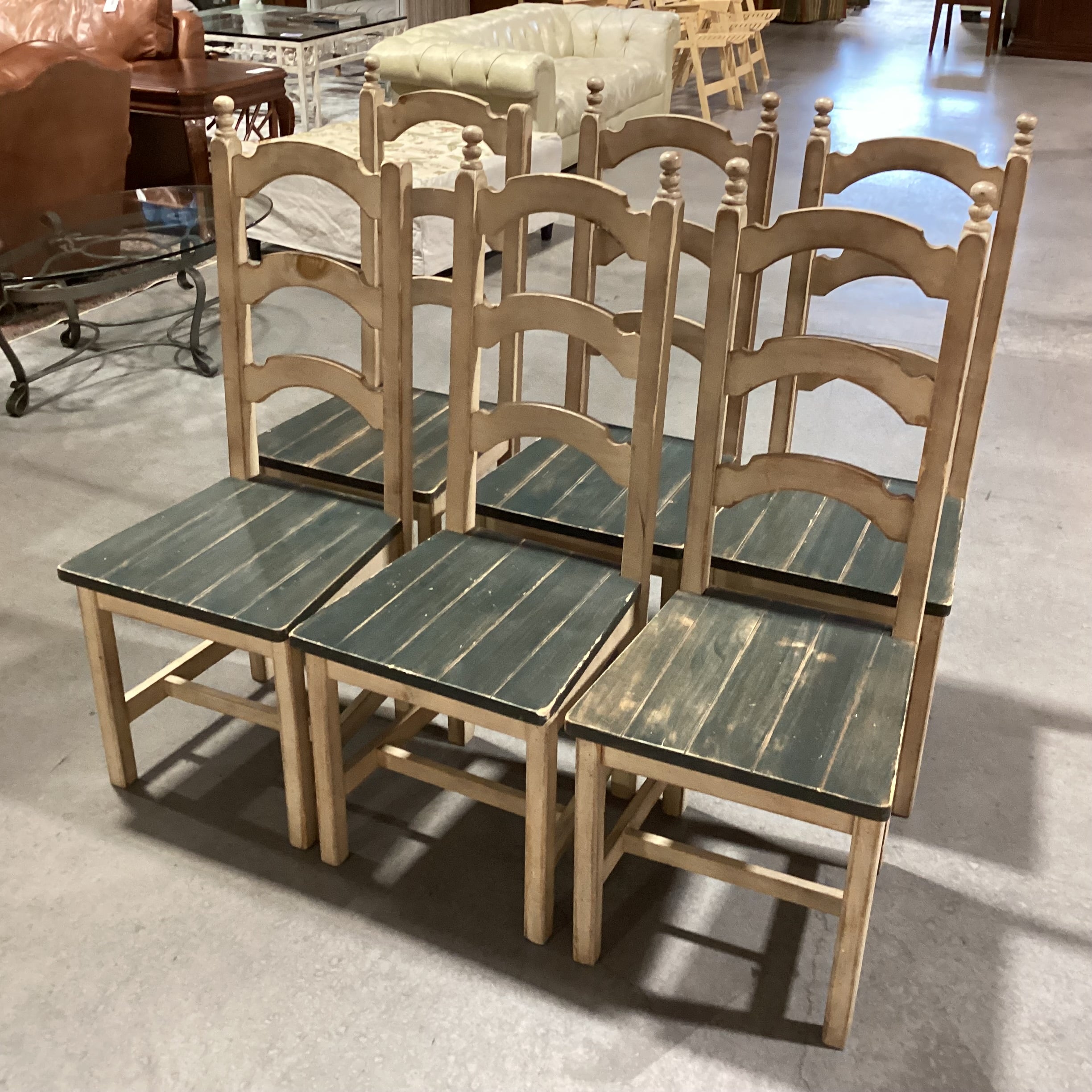 SET of 6 Buffalo Lodge & Dakota Washed Distressed Cream & Green Wood Ladder Back Ranch Dining Chairs 18"x 19"x 45"
