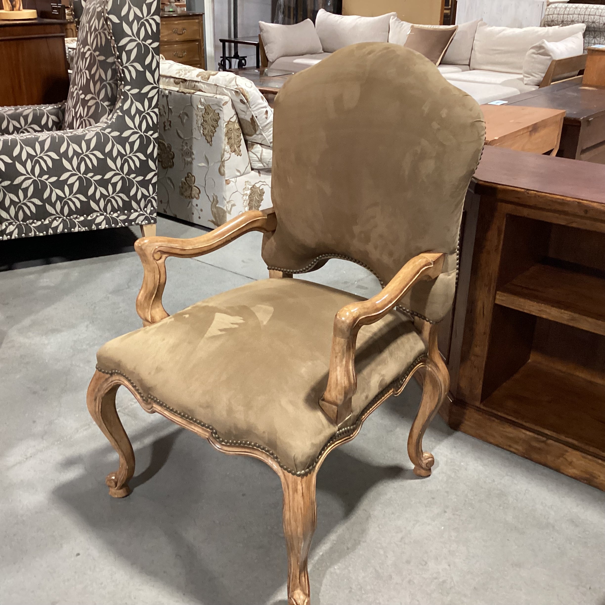 Kreiss Tan Ultra Suede Nailhead & Carved Wood Chair 27"x 27"x 44"
