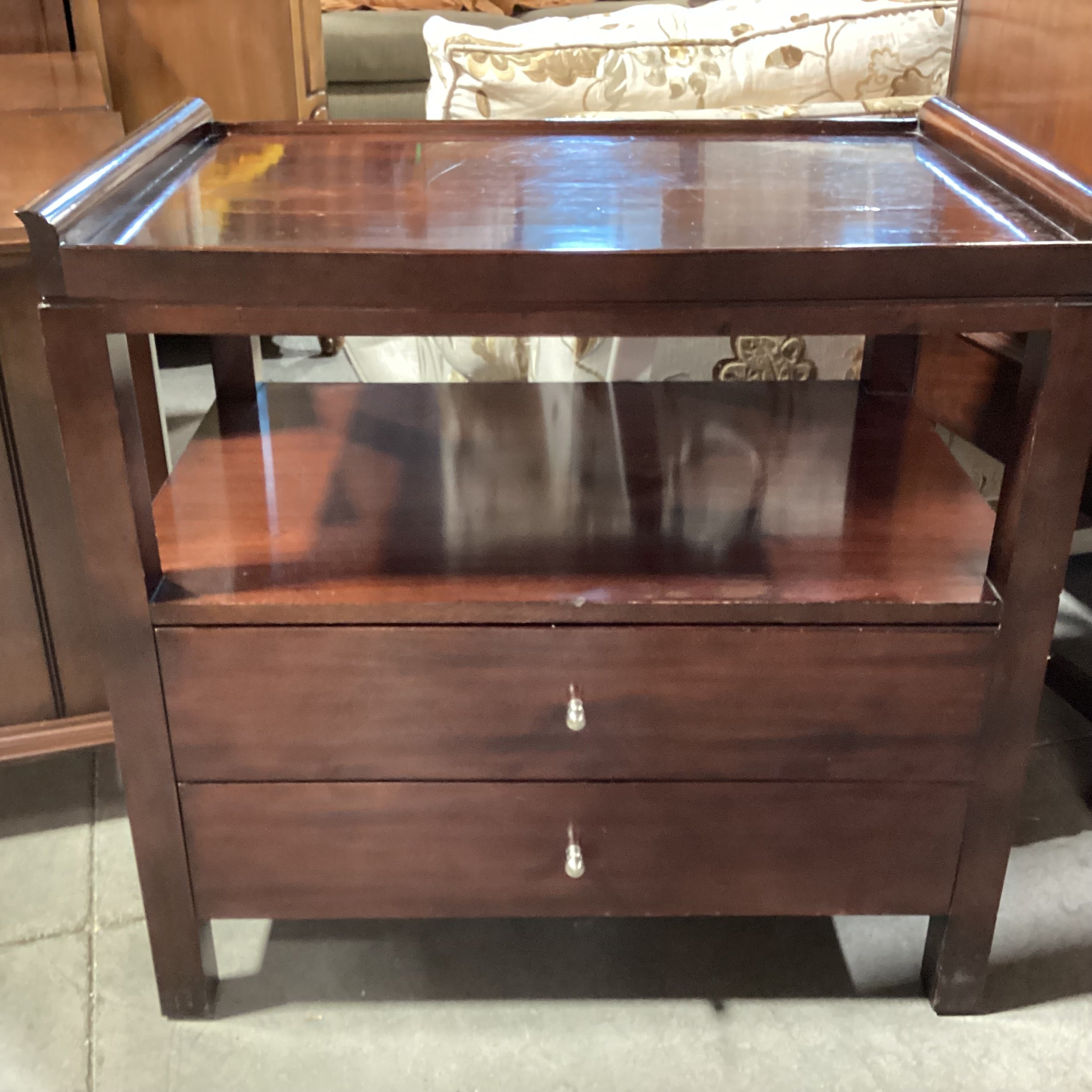 Milling Road a Division of Baker Furniture Dark Finish Wood Tray Top 2 Drawer with Power Strip Nightstand 31"x 20"x 30"