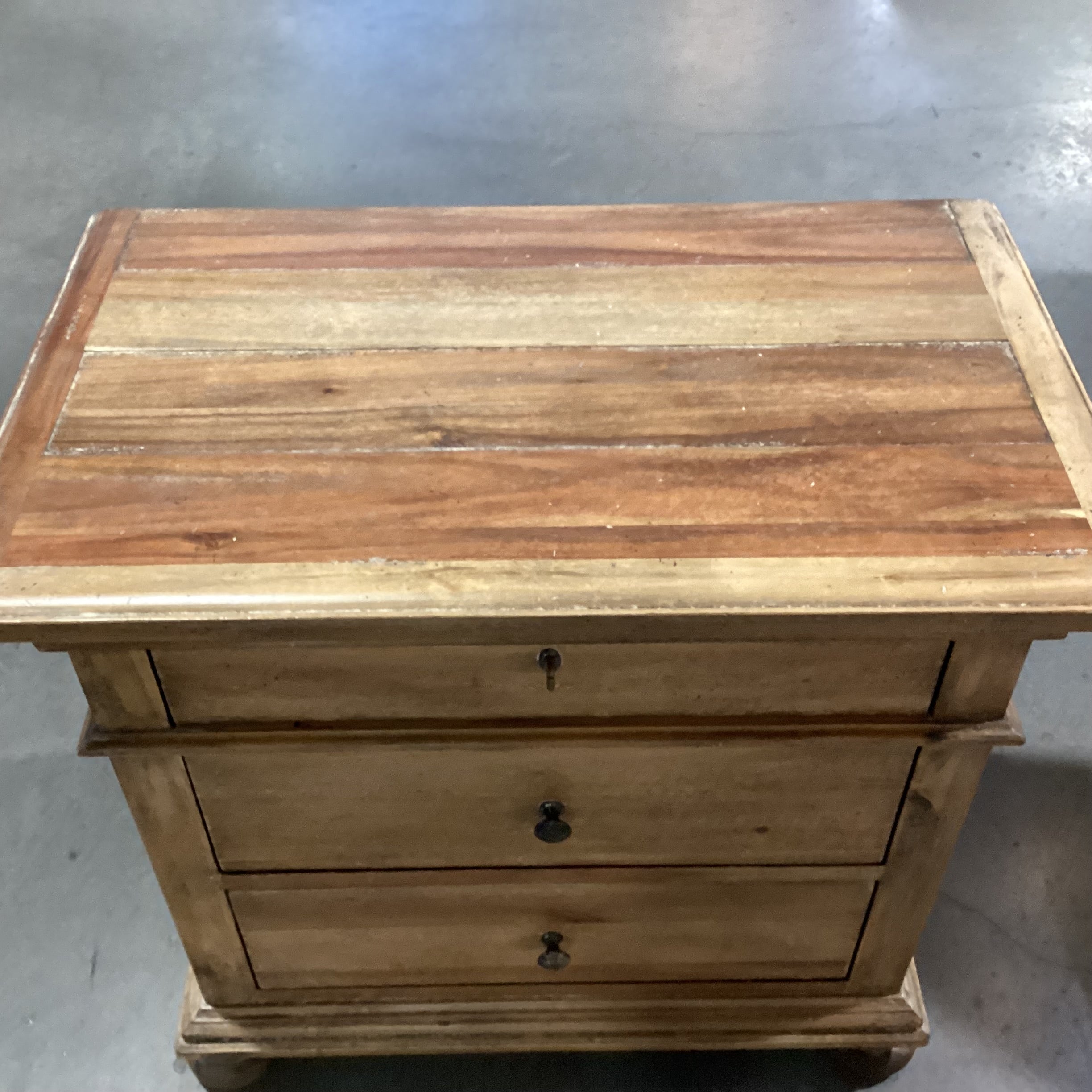 Restoration Hardware St James Natural Distressed Carved Wood 3 Drawer Night Stand 32"x 19.5"x 30"
