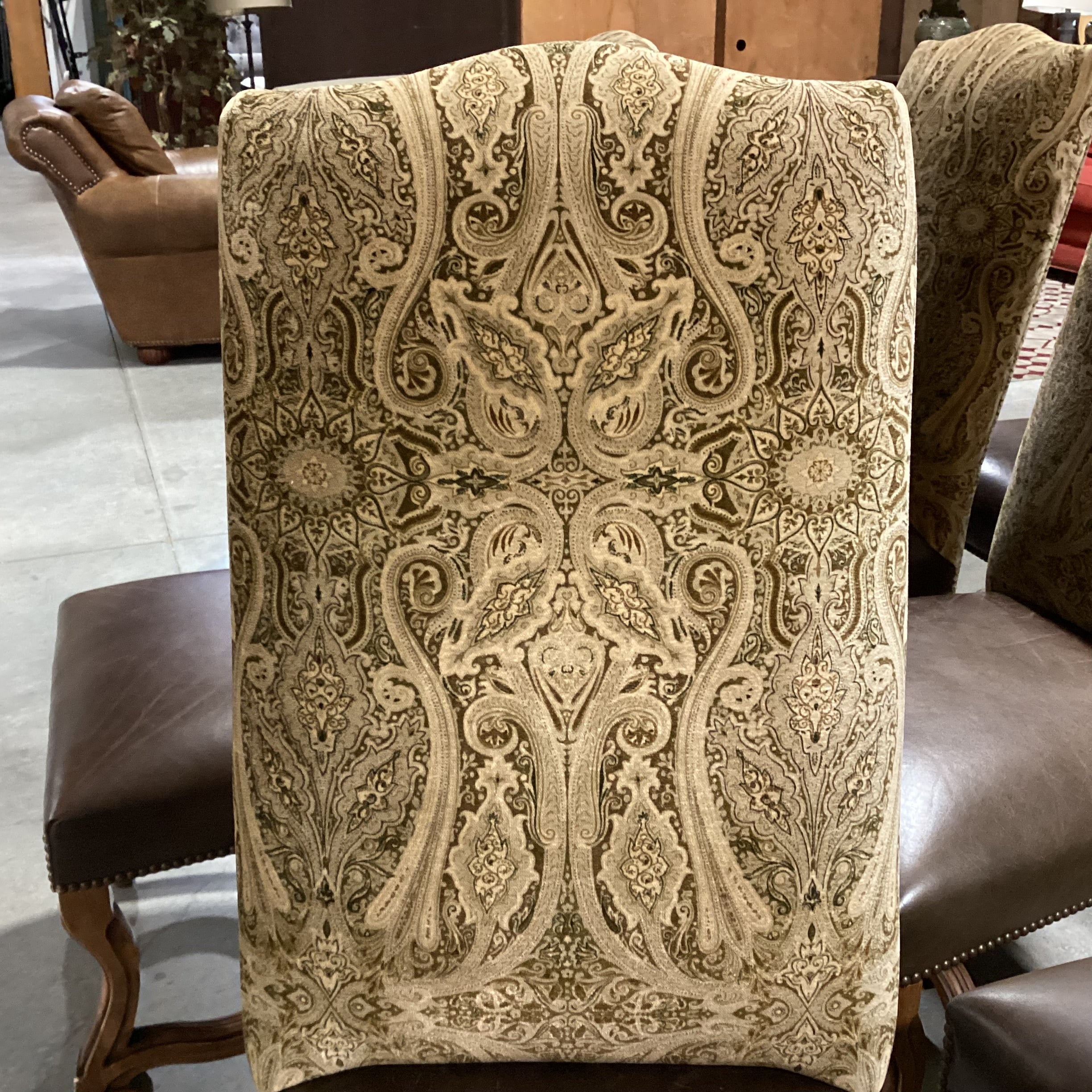 SET of 8 Ornate Carved Wood Leather Nailhead & Paisley Velvet Dining Chairs 22"x 24"x 44.5"