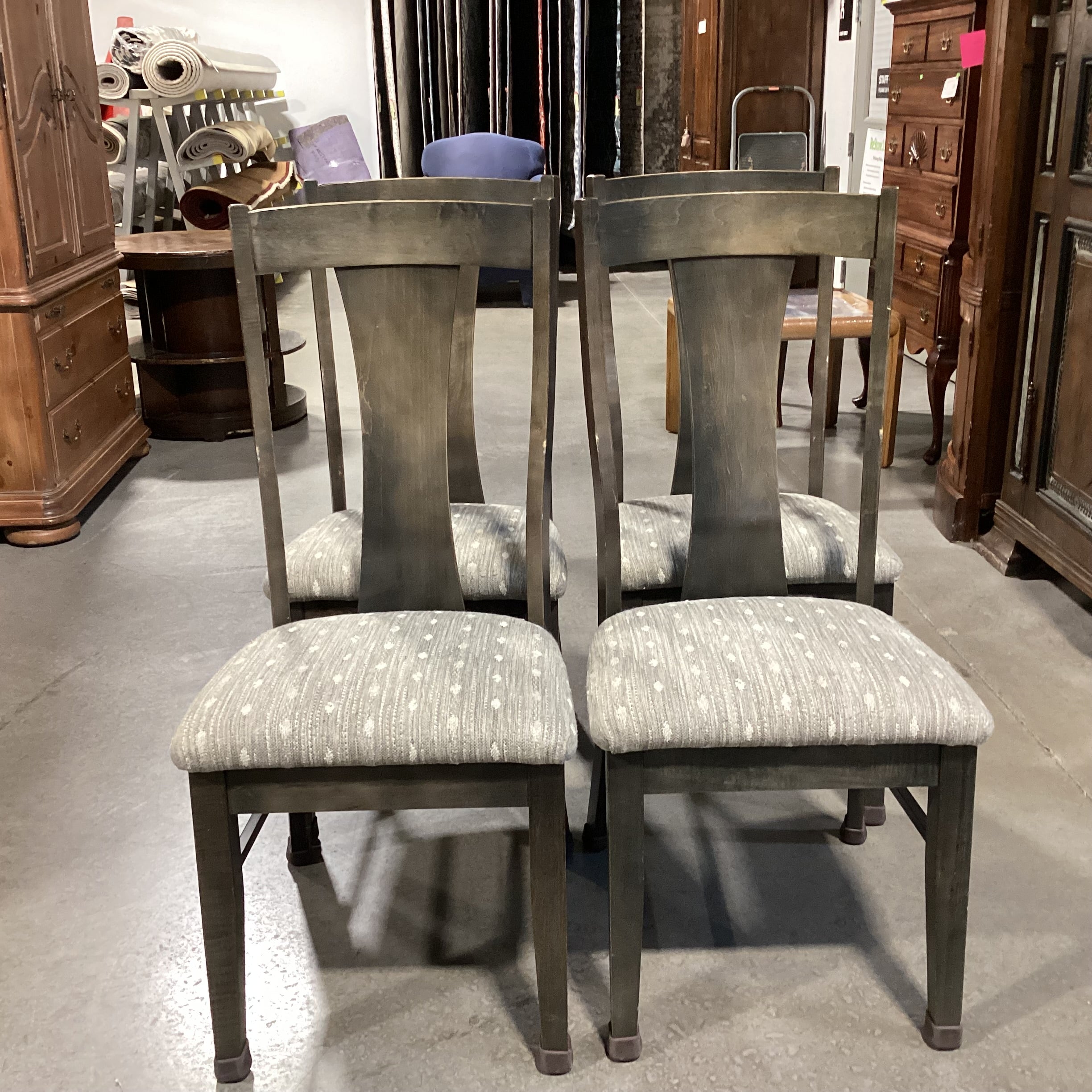 SET of 4 Bassett Dark Washed Finish Wood & Grey Cream Woven Seat Dining Chairs 19"x 20"x 42"