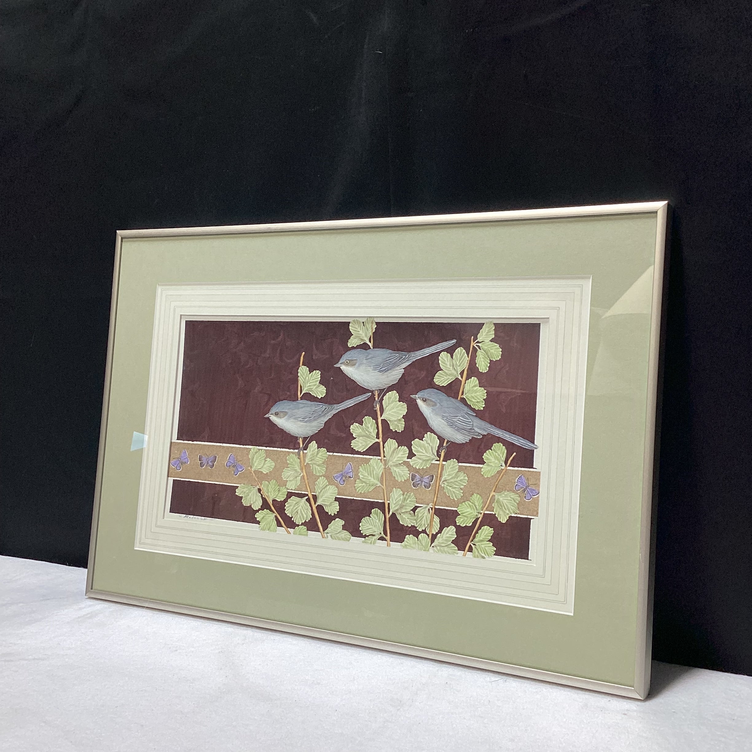Radeaux Signed Birds and Butterflies Watercolor Original In Silver Frame 21.5" x 14.5"