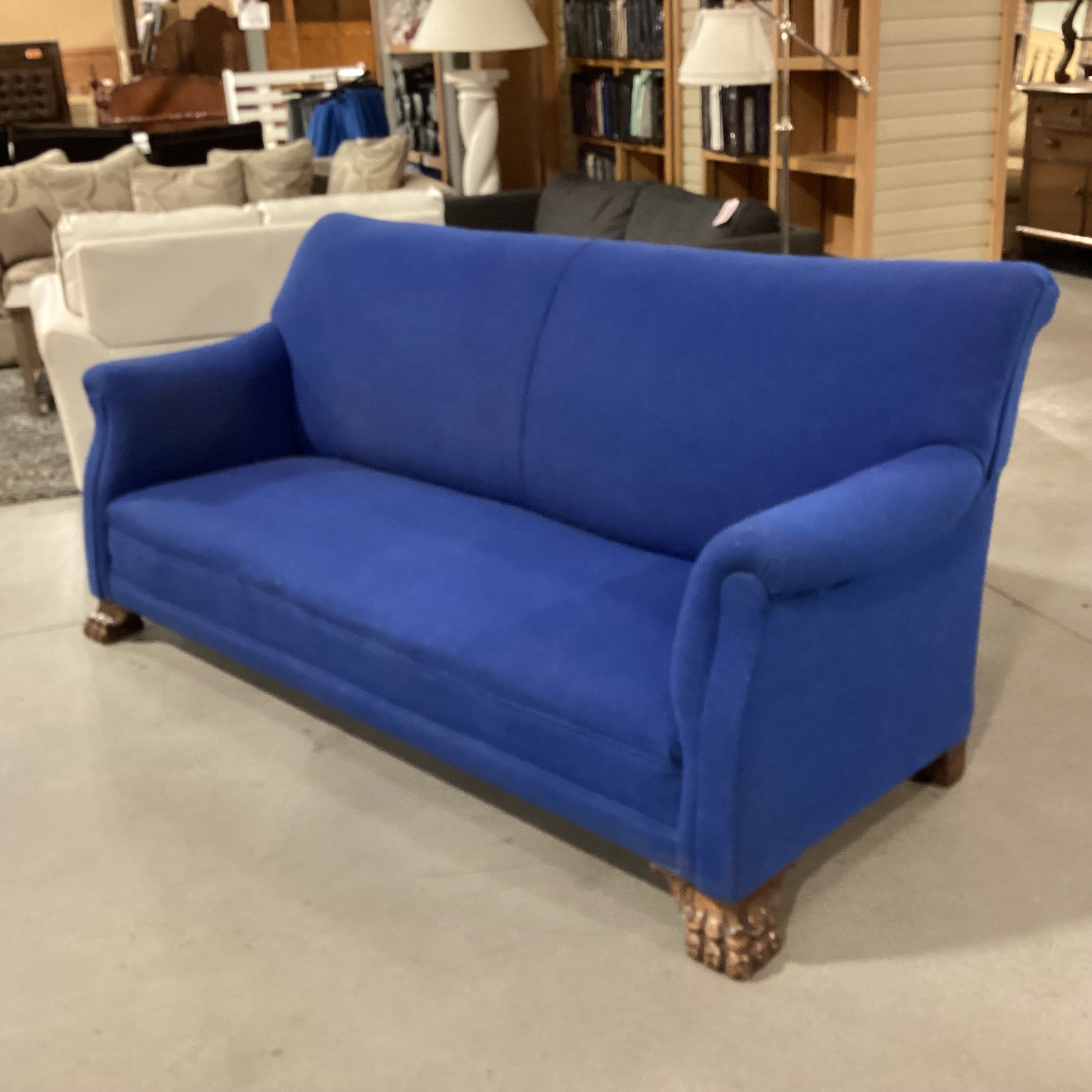 Royal Blue Woven & Carved Clawfoot Sofa 79"x 33"x 37"