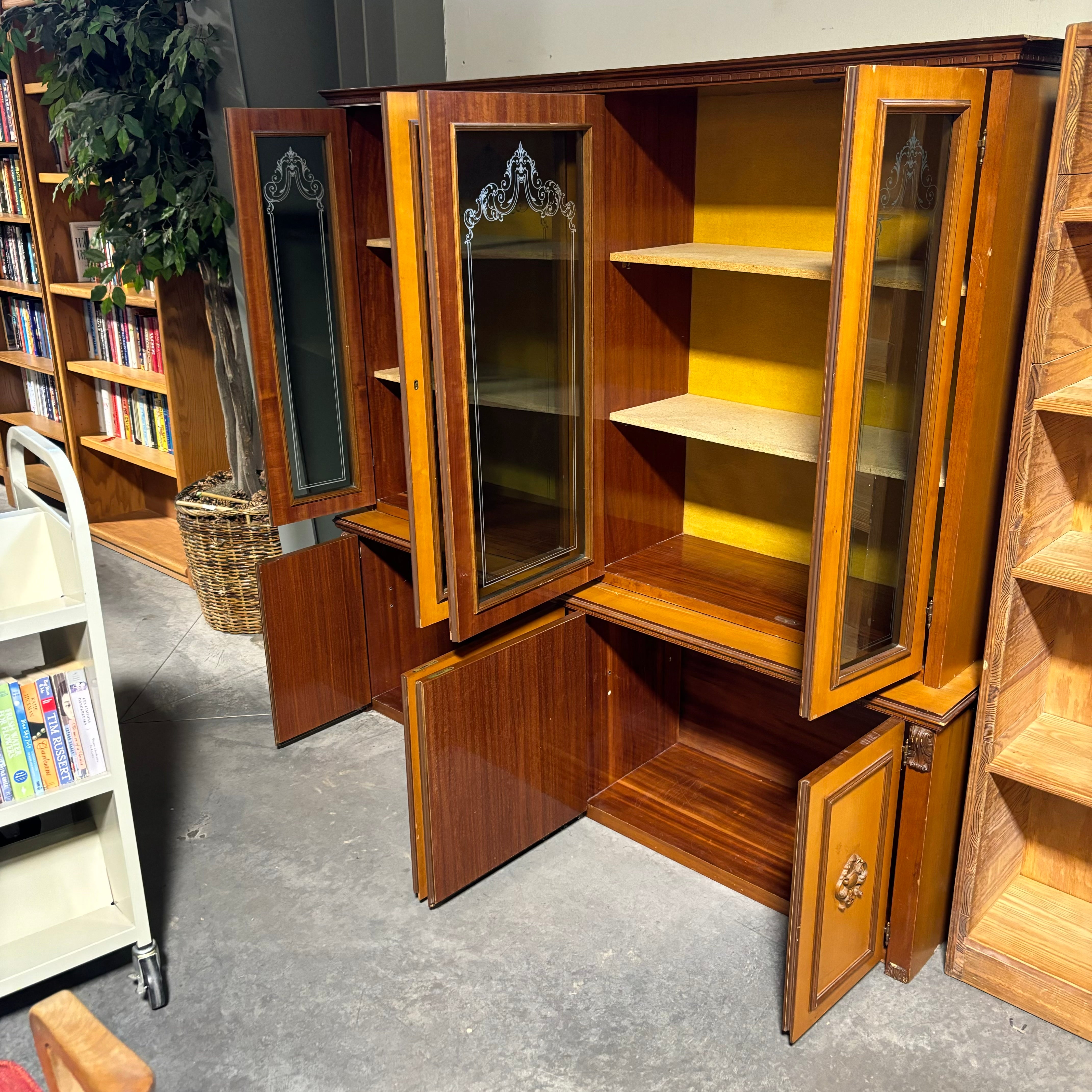 4 Glass Door 4 Wood Door Carved Detail Particle Board Shelves China Hutch 71.5"x 17.5"x 68.5"