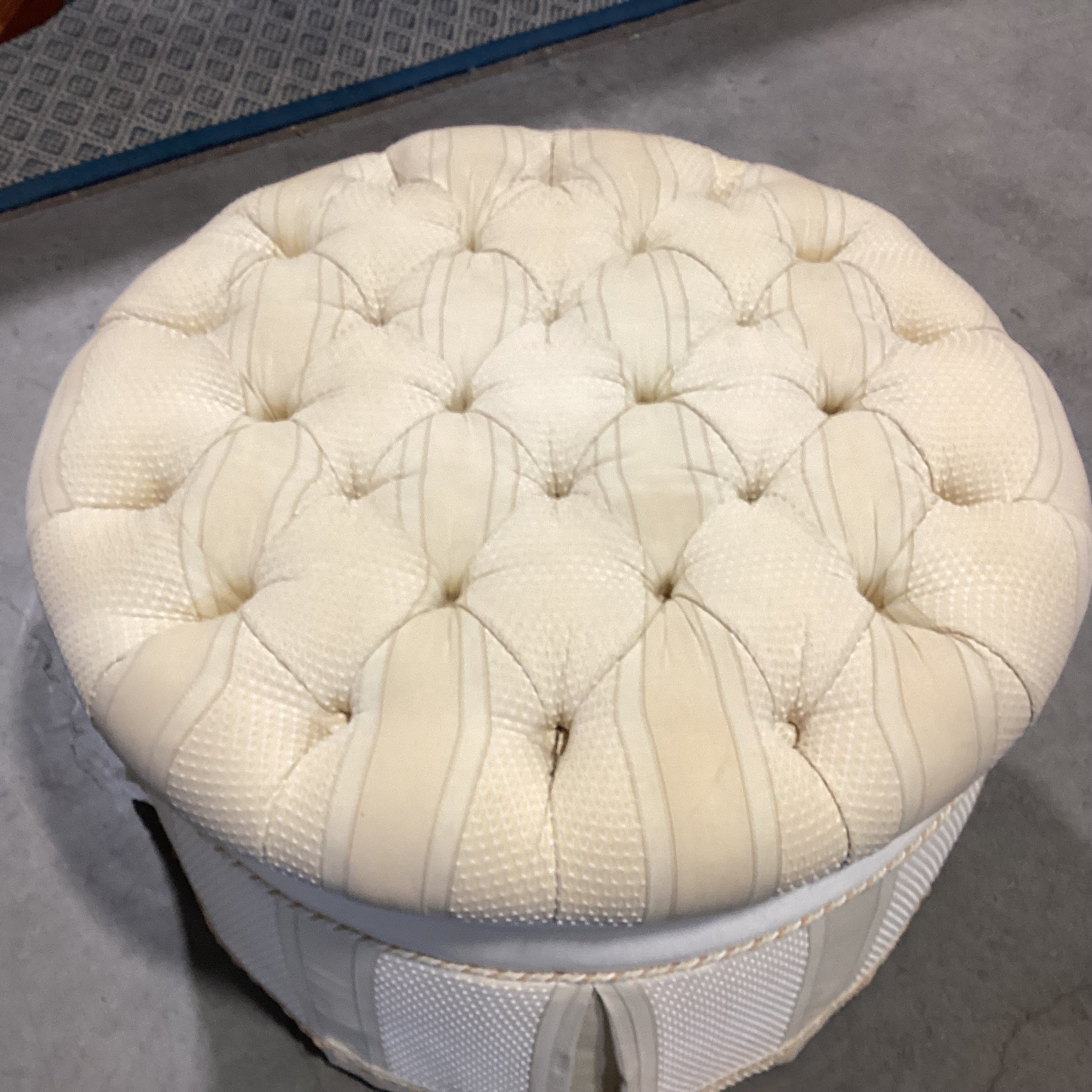 Cream Gold Pattern Ribbon Tufted Round Skirted Ottoman 34" Diameter x 20"