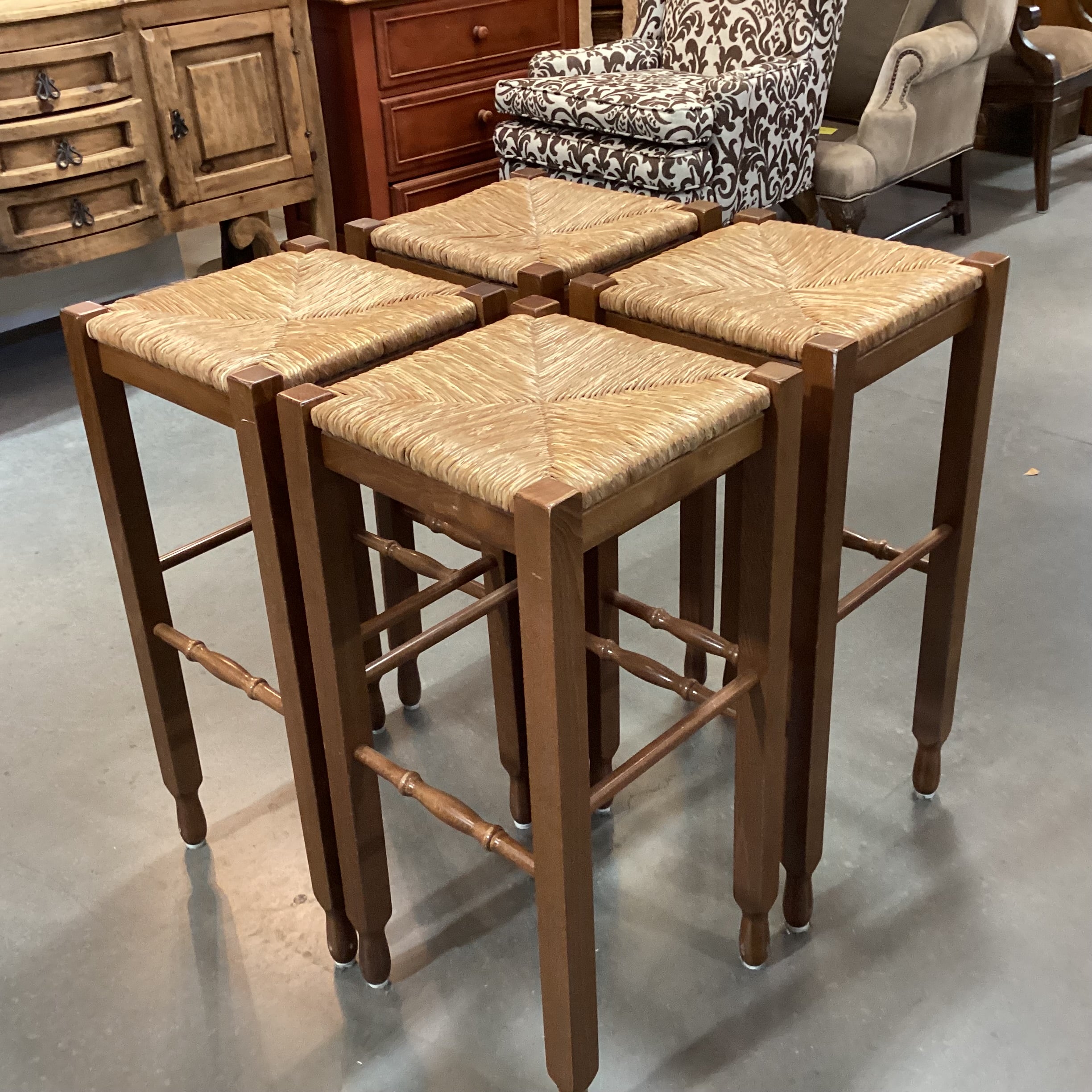 SET of 4 Carved Wood & Rush Seat Barstools 30"