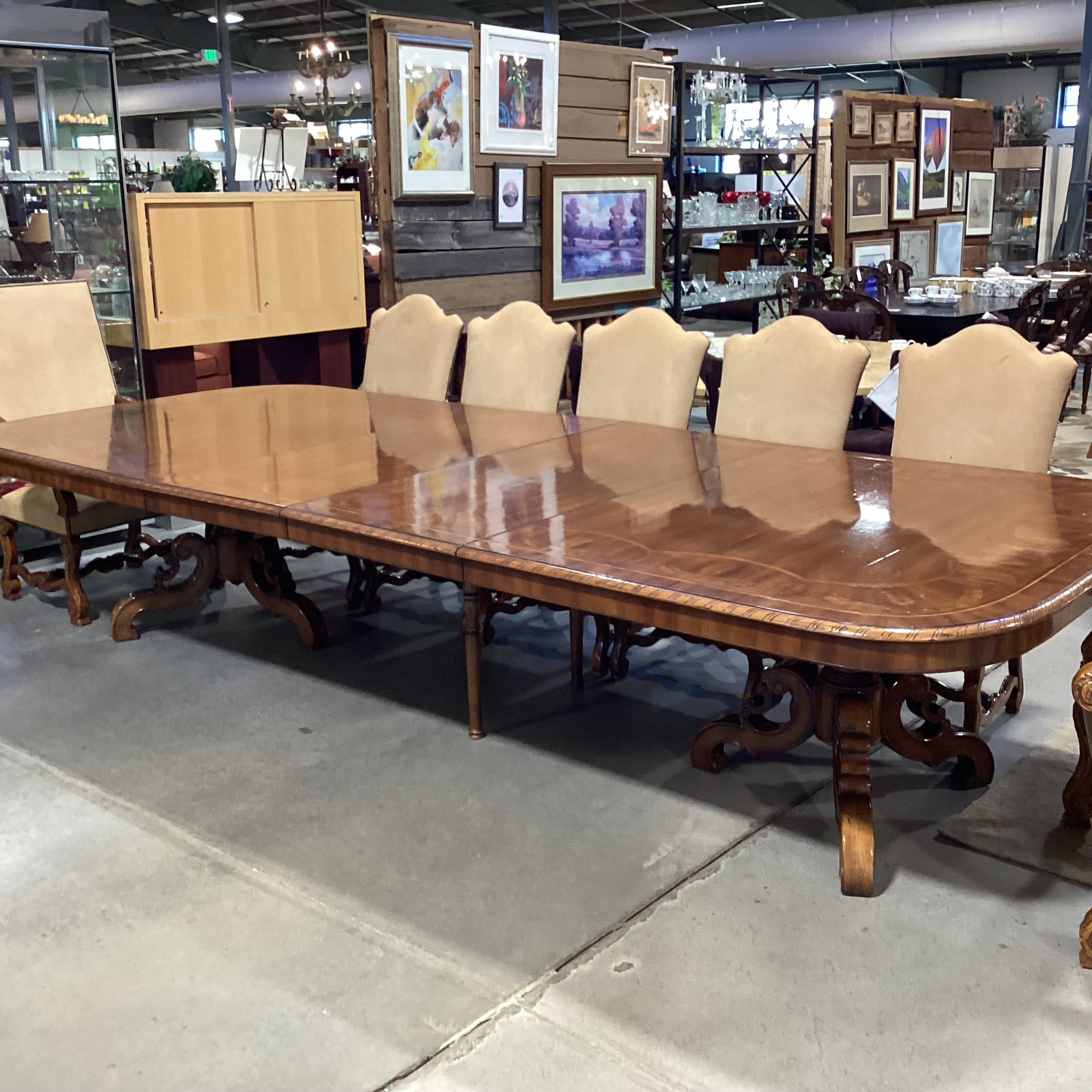 Alfonso Marina Ebanista Ornate Carved & Inlay 2 Leaves Double Pedestal Table with 12 Chairs Dining Set 142"x 60.5"x 30"