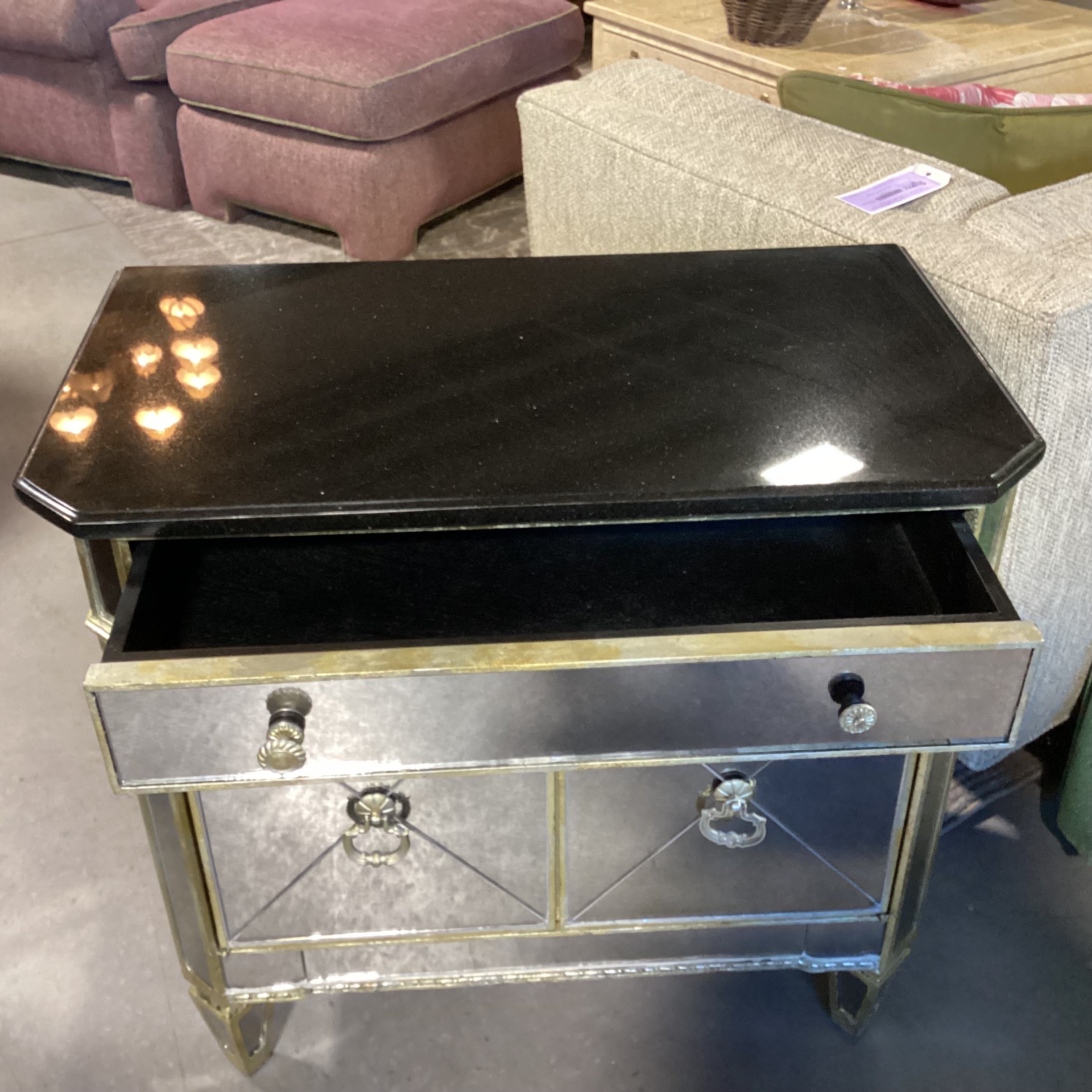Antiqued Gold with Mirror & Black Granite Top 2 Door Night Stand 30.5"x 17.5"x 29"