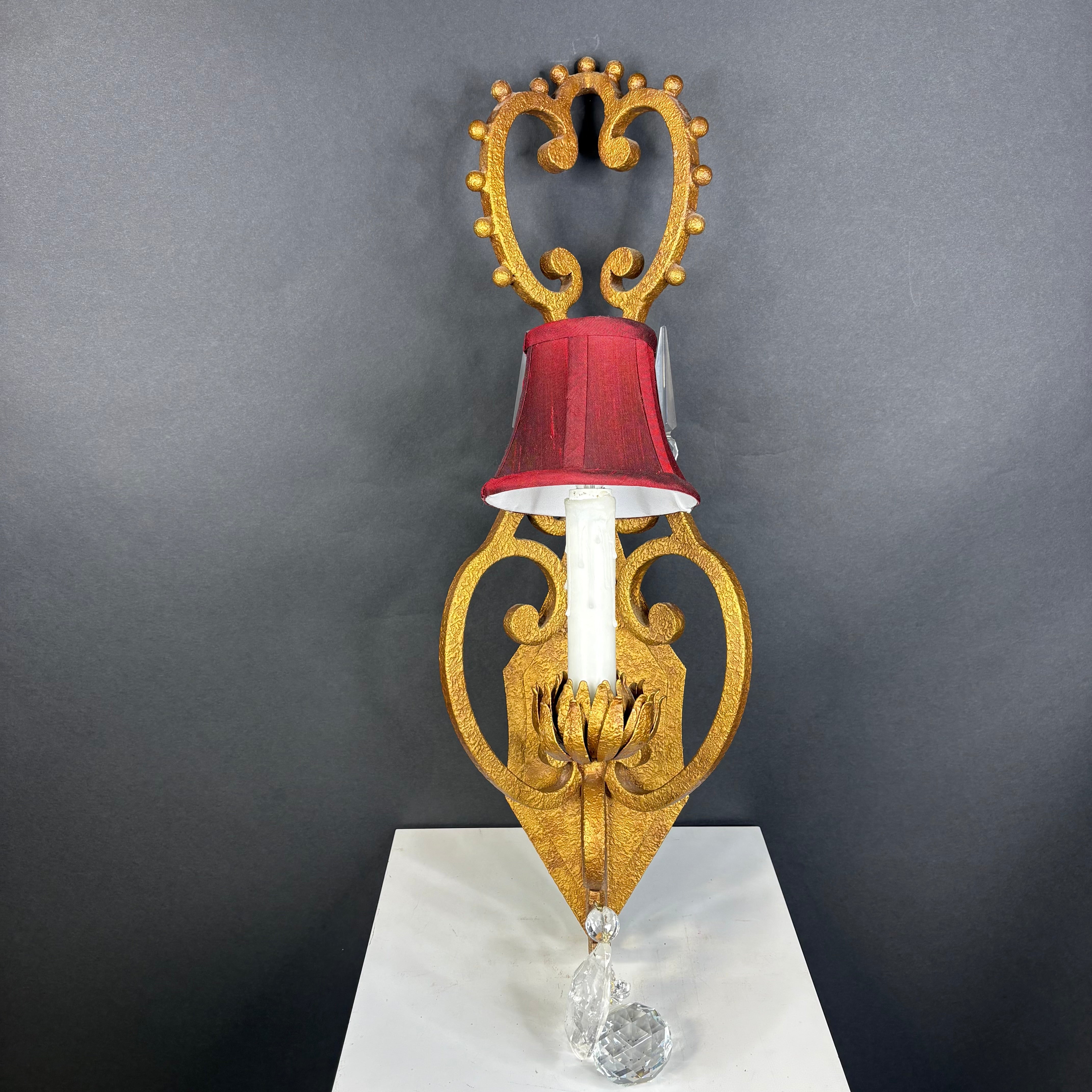 Hollywood Regency Style 1-Light Textured Gold Finish Metal and Crystal Accents with Shade Wall Sconce 8”x 26”x 7.5”