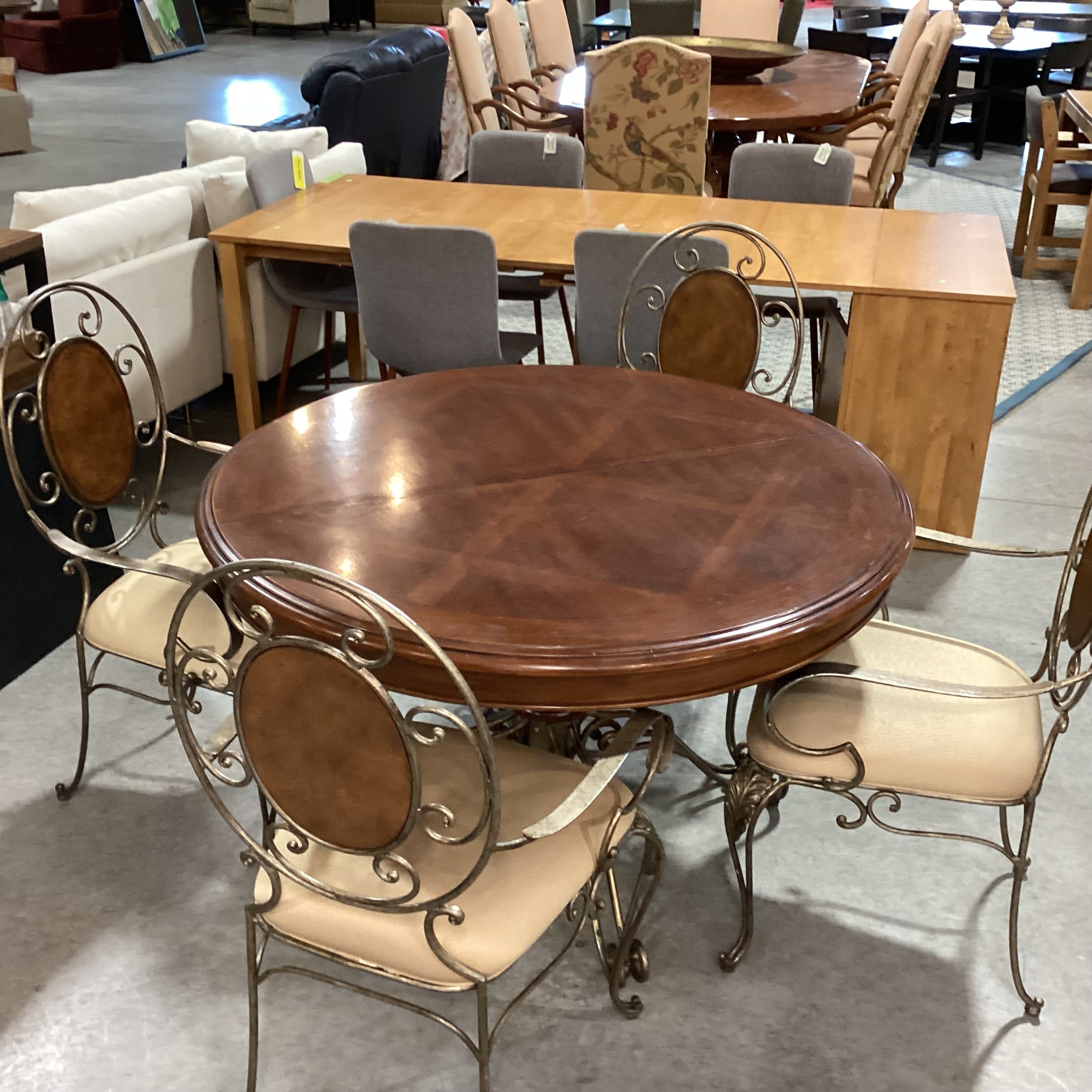 Round Finished Wood & Iron Table with 4 Chairs Dining Set 48" Diameter x 30"