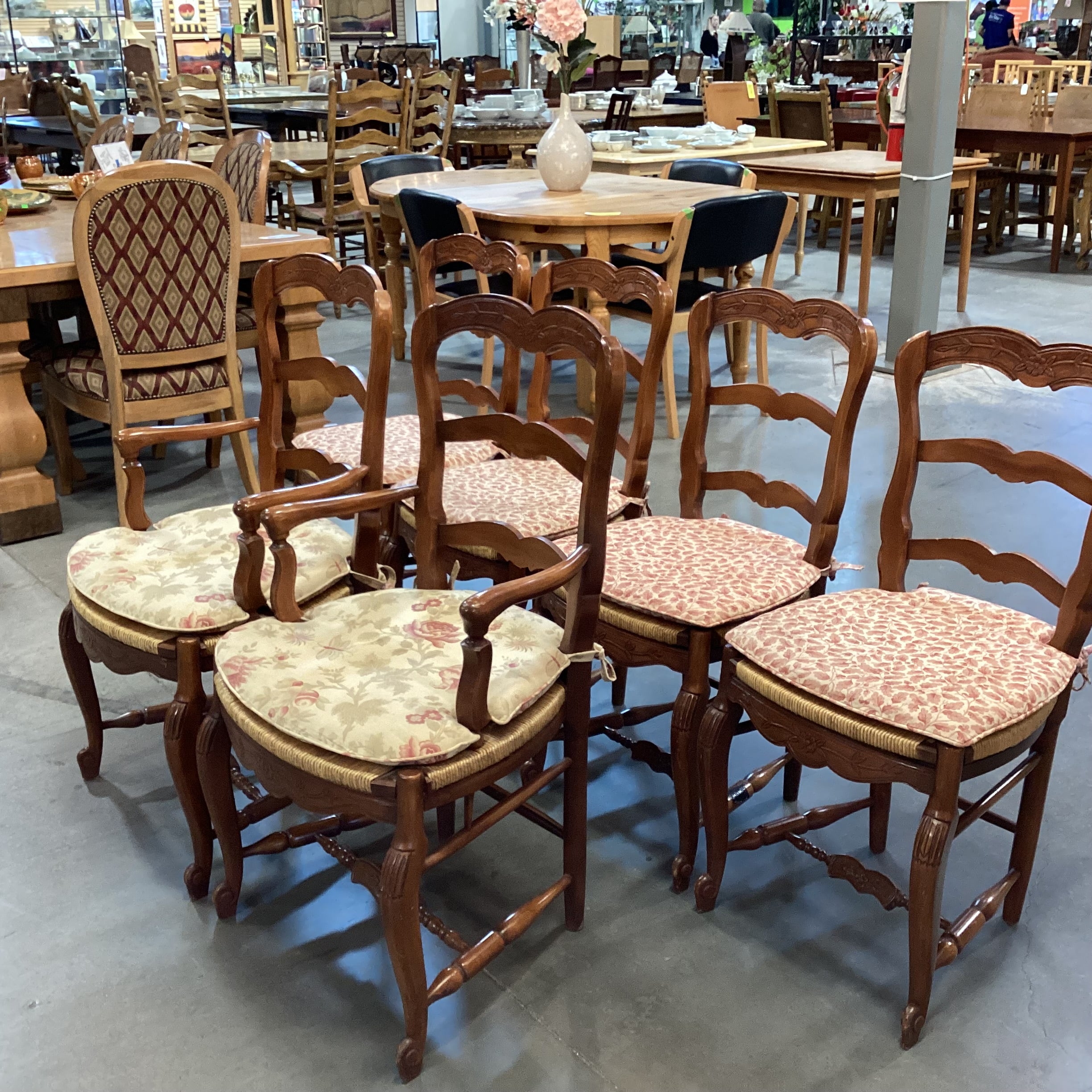 Set of 6 Carved Wood with Rush Seat & Floral Seat Cushion Dining Chairs 21"x 21"x 38"
