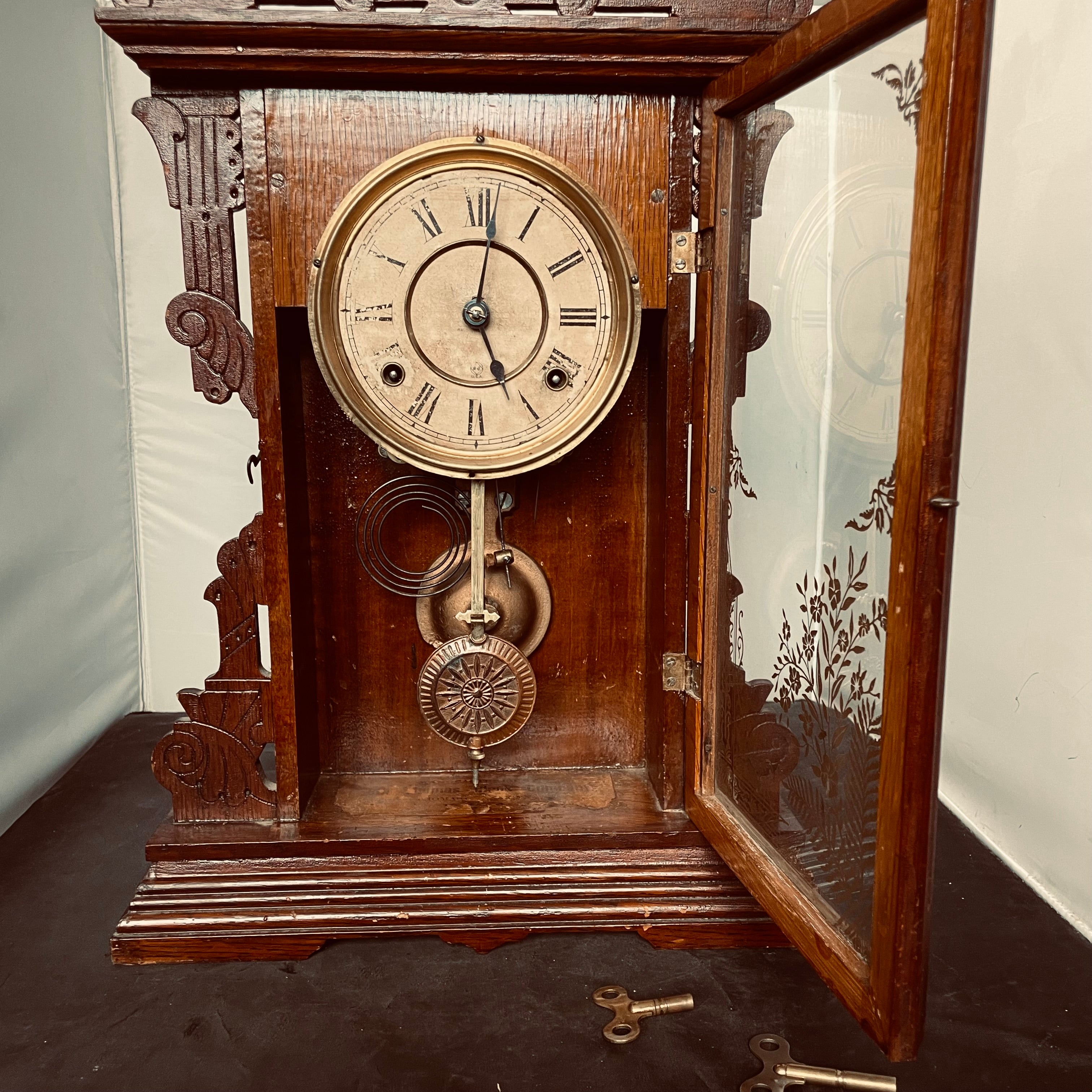 Antique Seth Thomas Parlour/"Kitchen" Carved Wood Clock, 14"x 4.5"x 21"