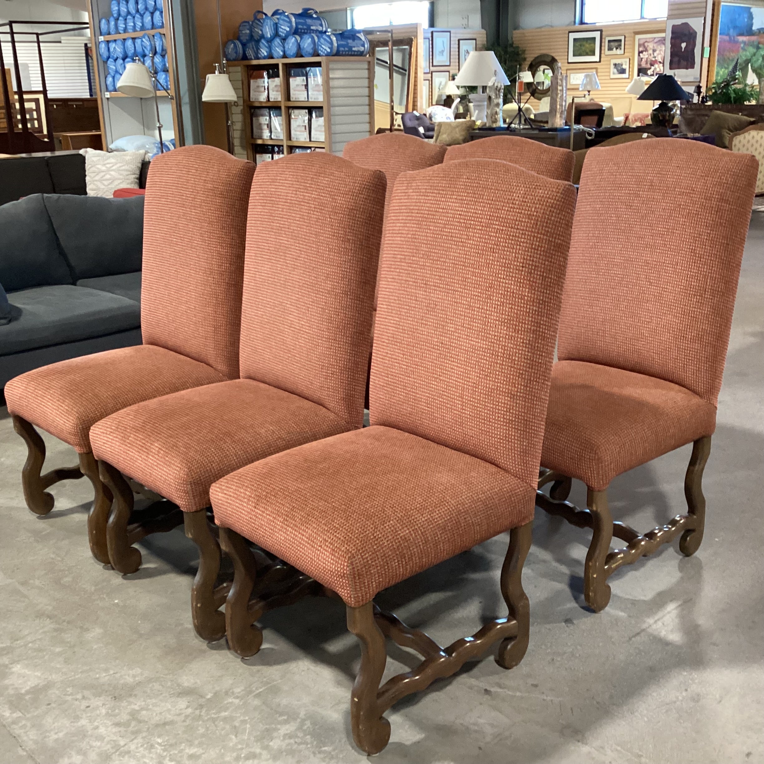 Set Of 6  Red Tan Woven Nailhead & Carved Wood Dining Chairs 21"x 26"x 46"