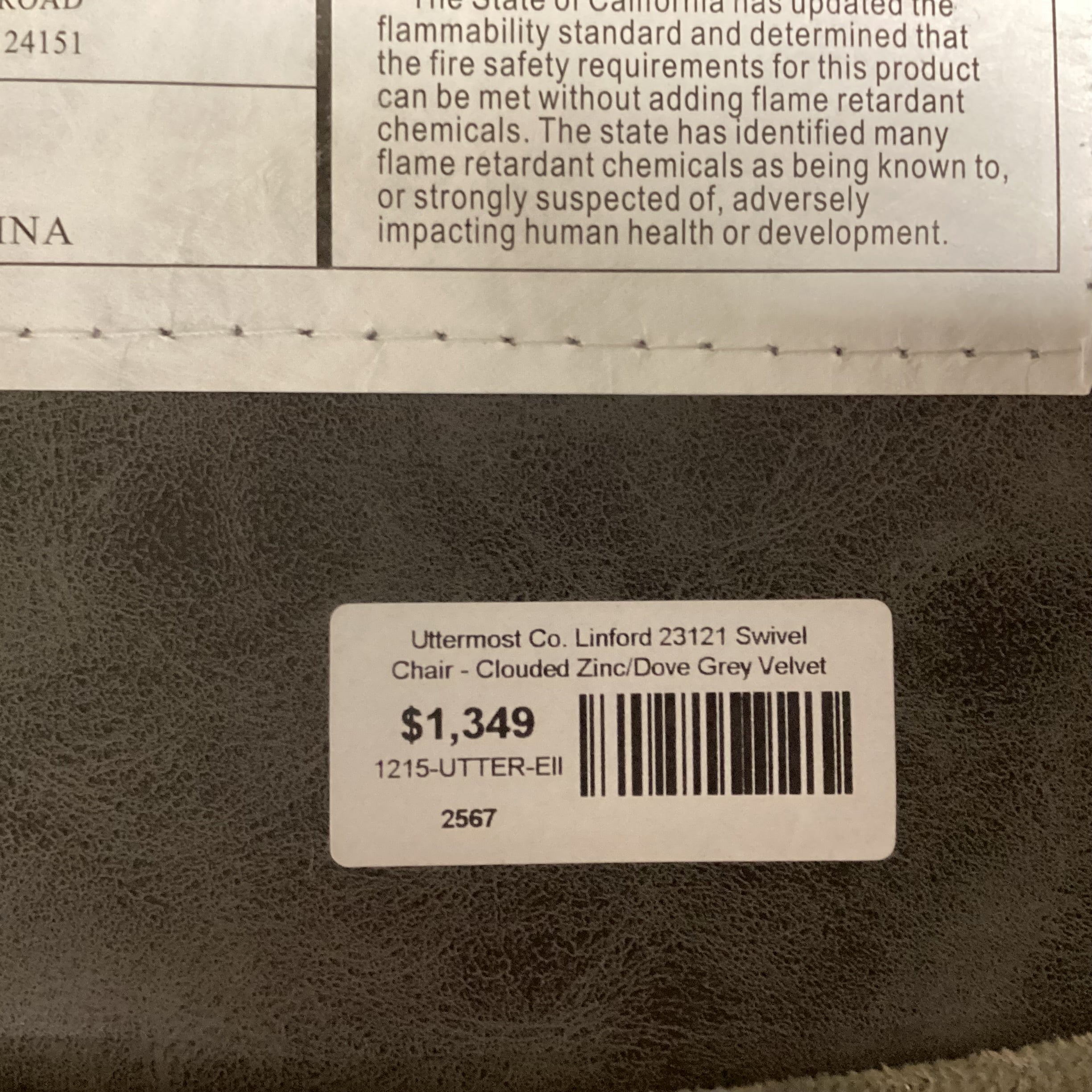 Uttermost Linford Clouded Zinc Leather Nailhead & Grey Velvet Swivel Chair 31"x 31"x 48"