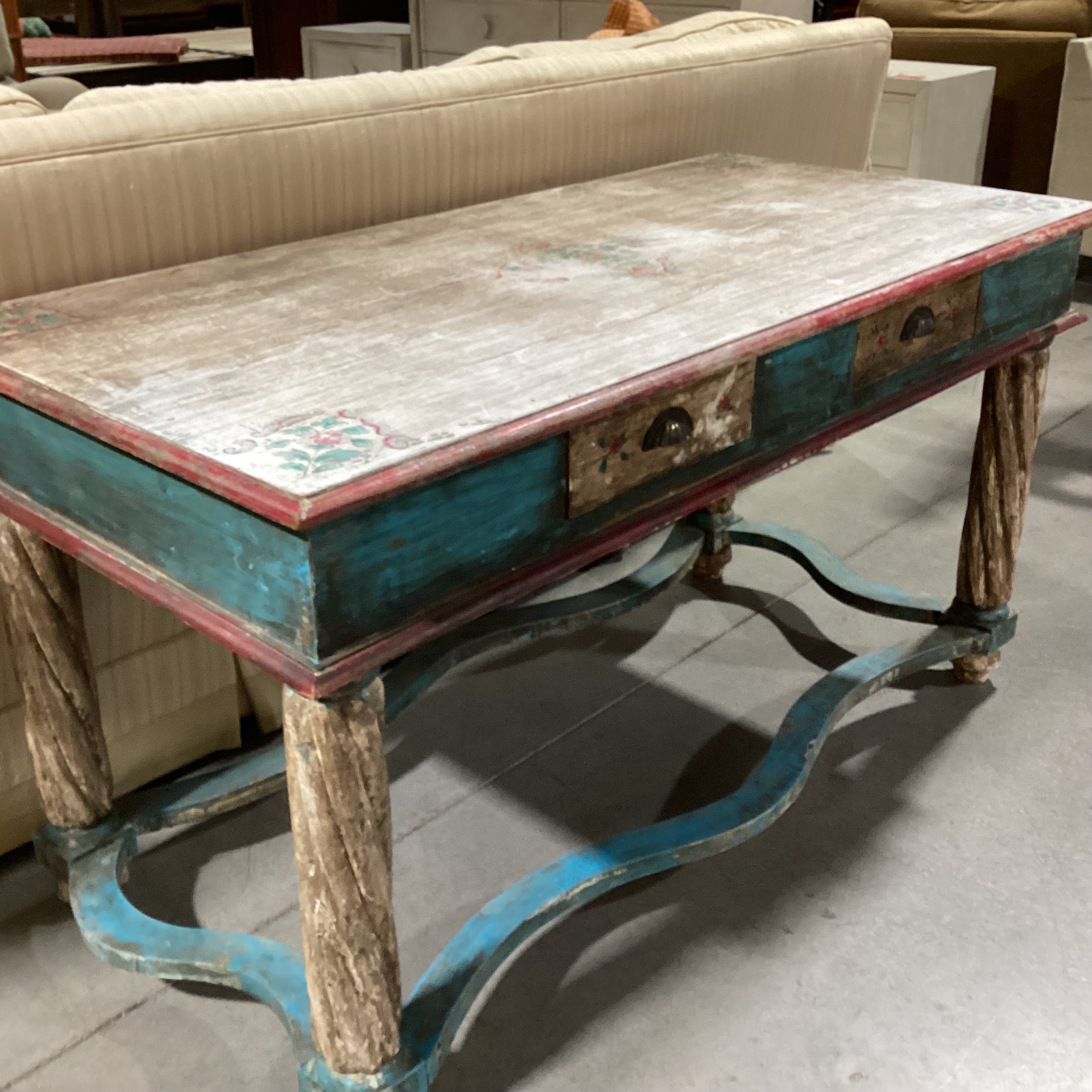 Antiqued Finish Hand Painted Blue & Red Floral Carved Wood 2 Drawer Accent Table 58.5"x 28.5"x 32"
