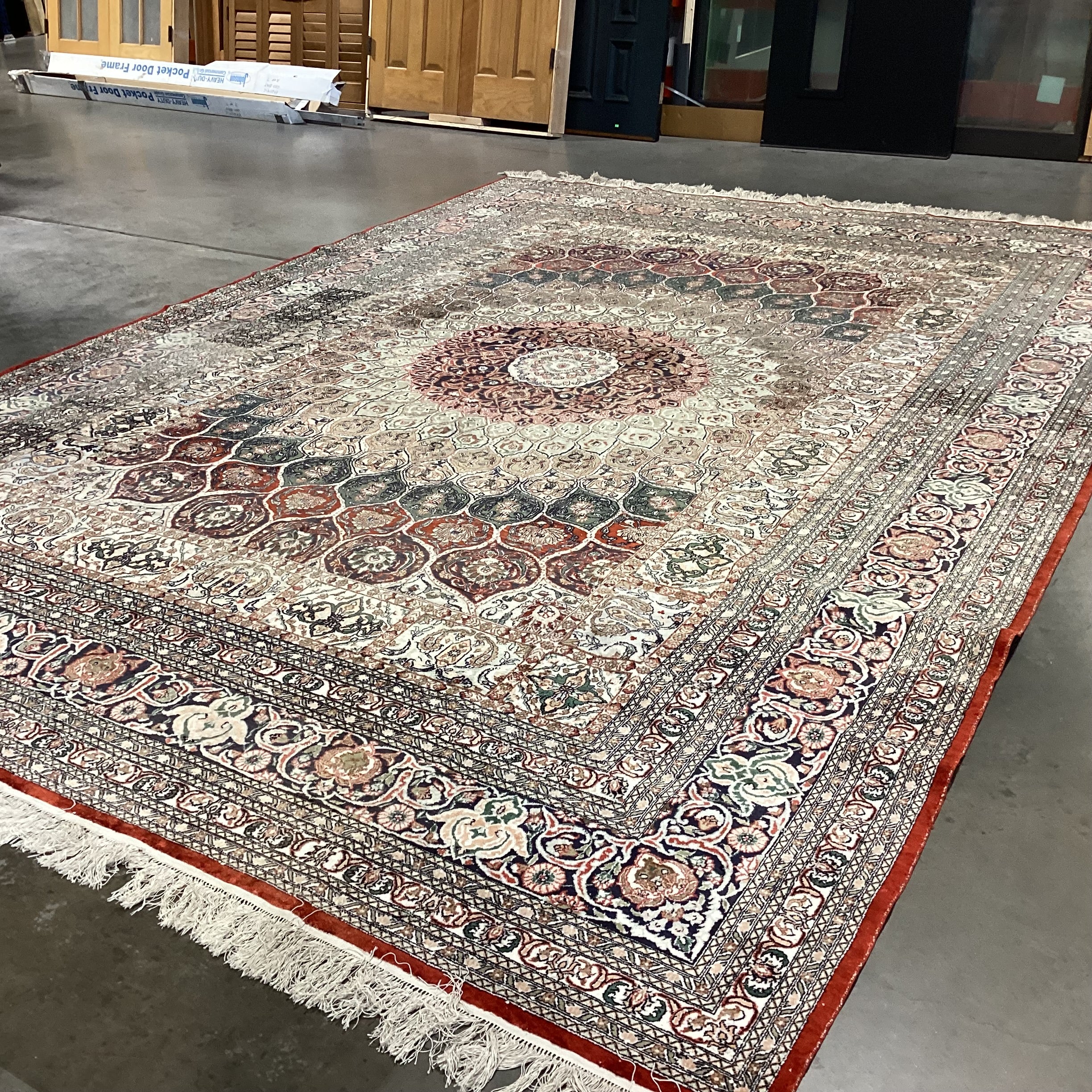 Ivory Rust Coral Blue Green Hand Woven Silk Rug 9'10"x 15.5"