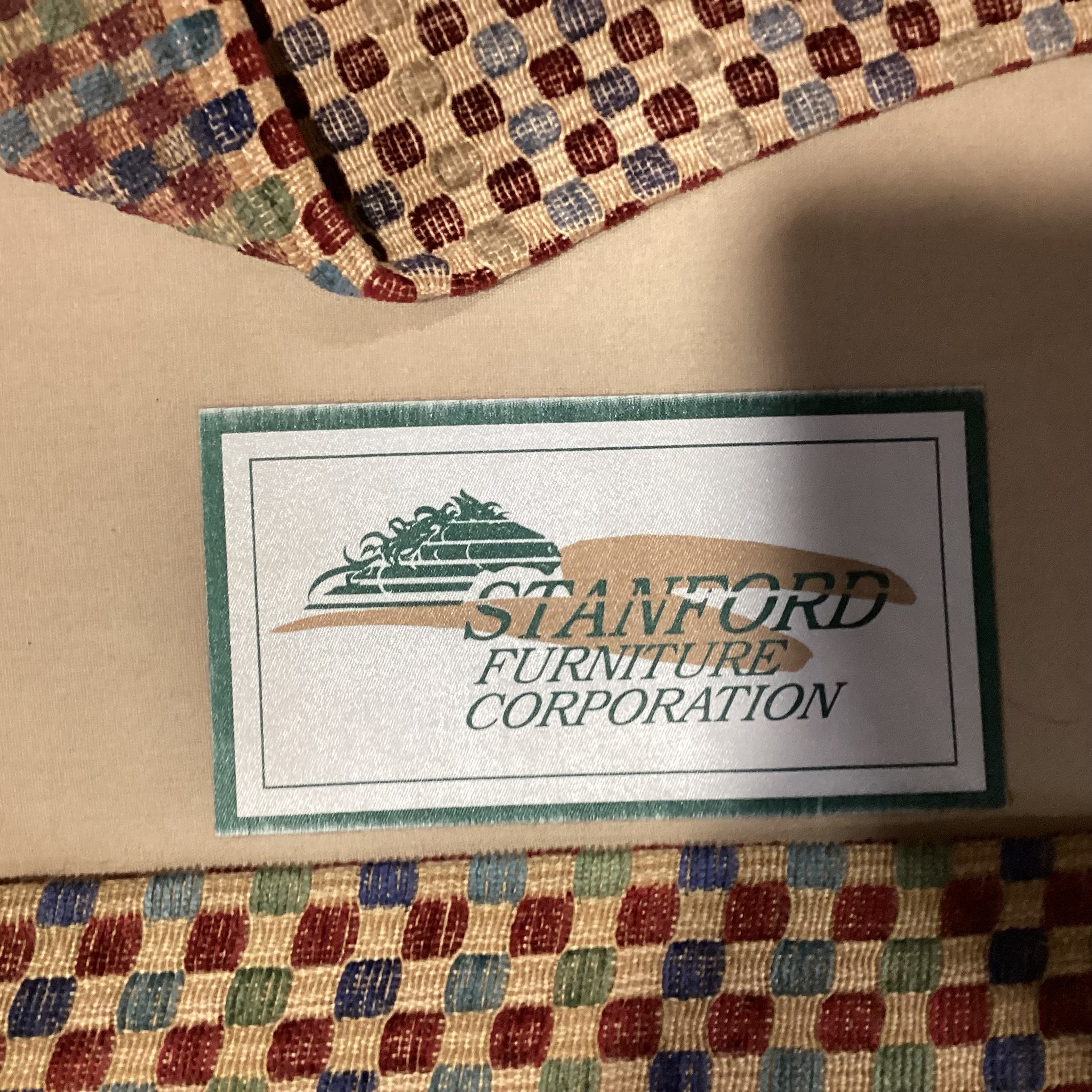 J Banks & Stanford Furniture Gold Red Blue Green Checker Woven Upholstered Swivel Chair 33"x 36"x 31"