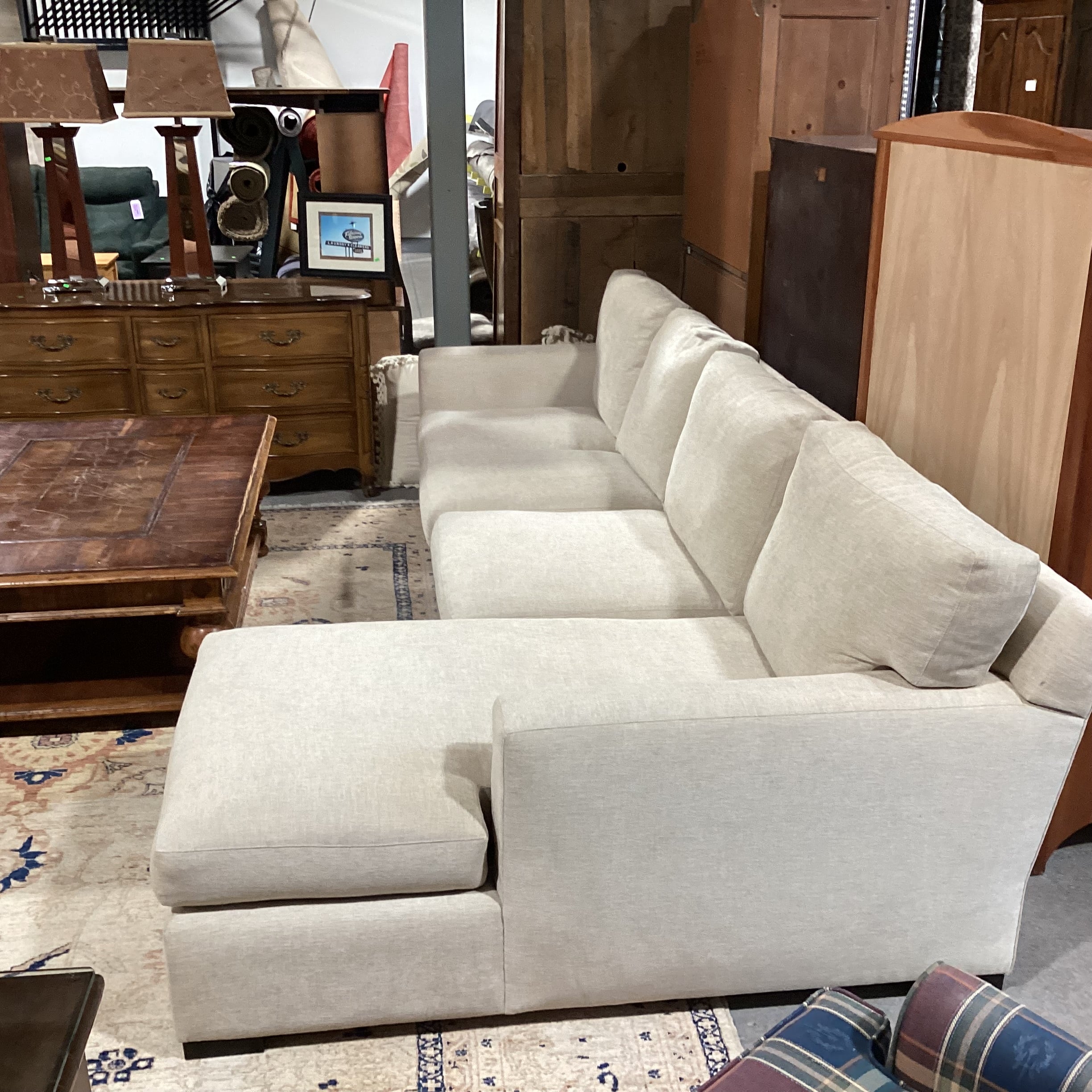 Custom Cream Heather Woven Track Arm 3 Piece with Chaise Sectional 126"x 66"x 42"x 32"