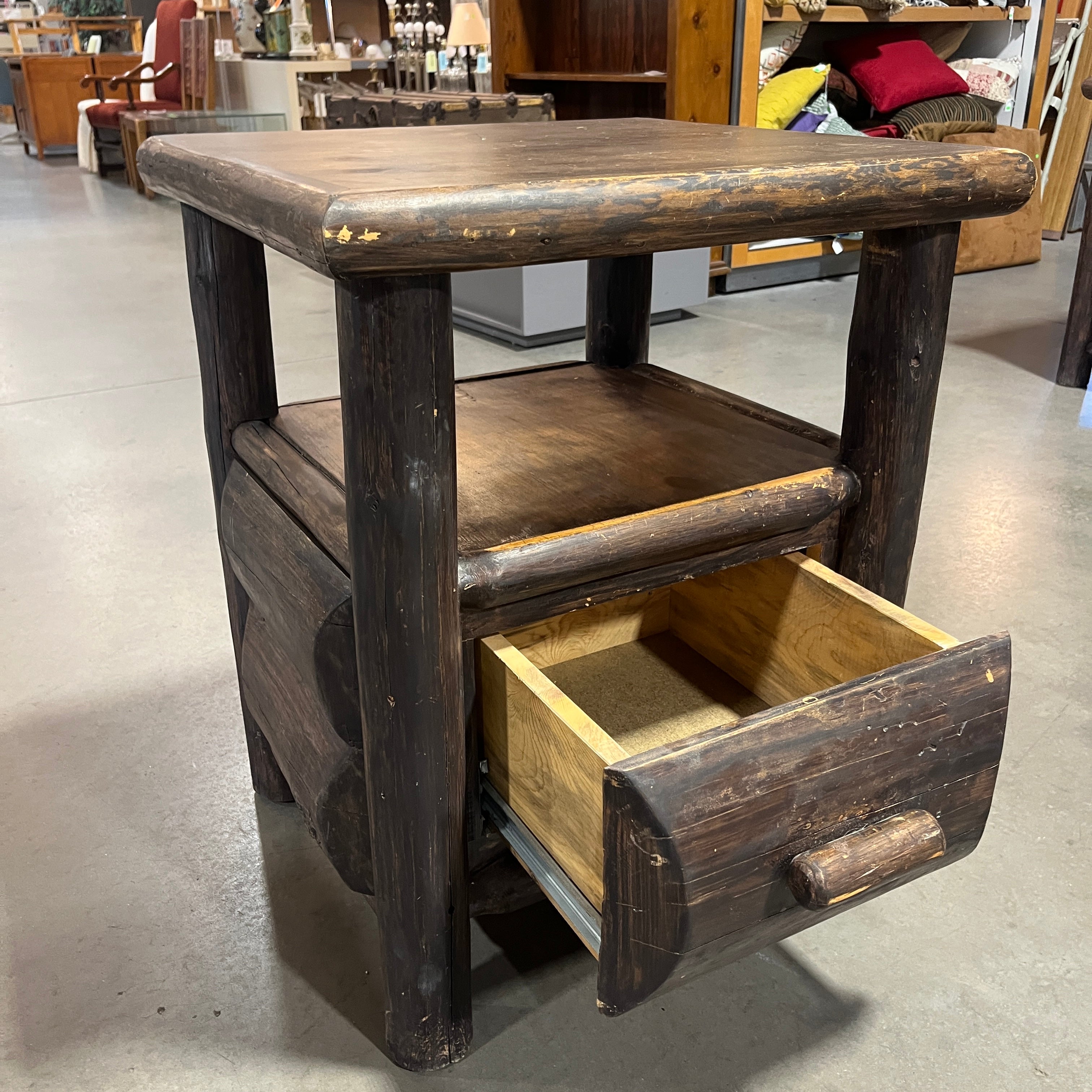 Rustic Distressed Dark Stain Cedar Log 1 Drawer End Table 24"x 22"x 30"