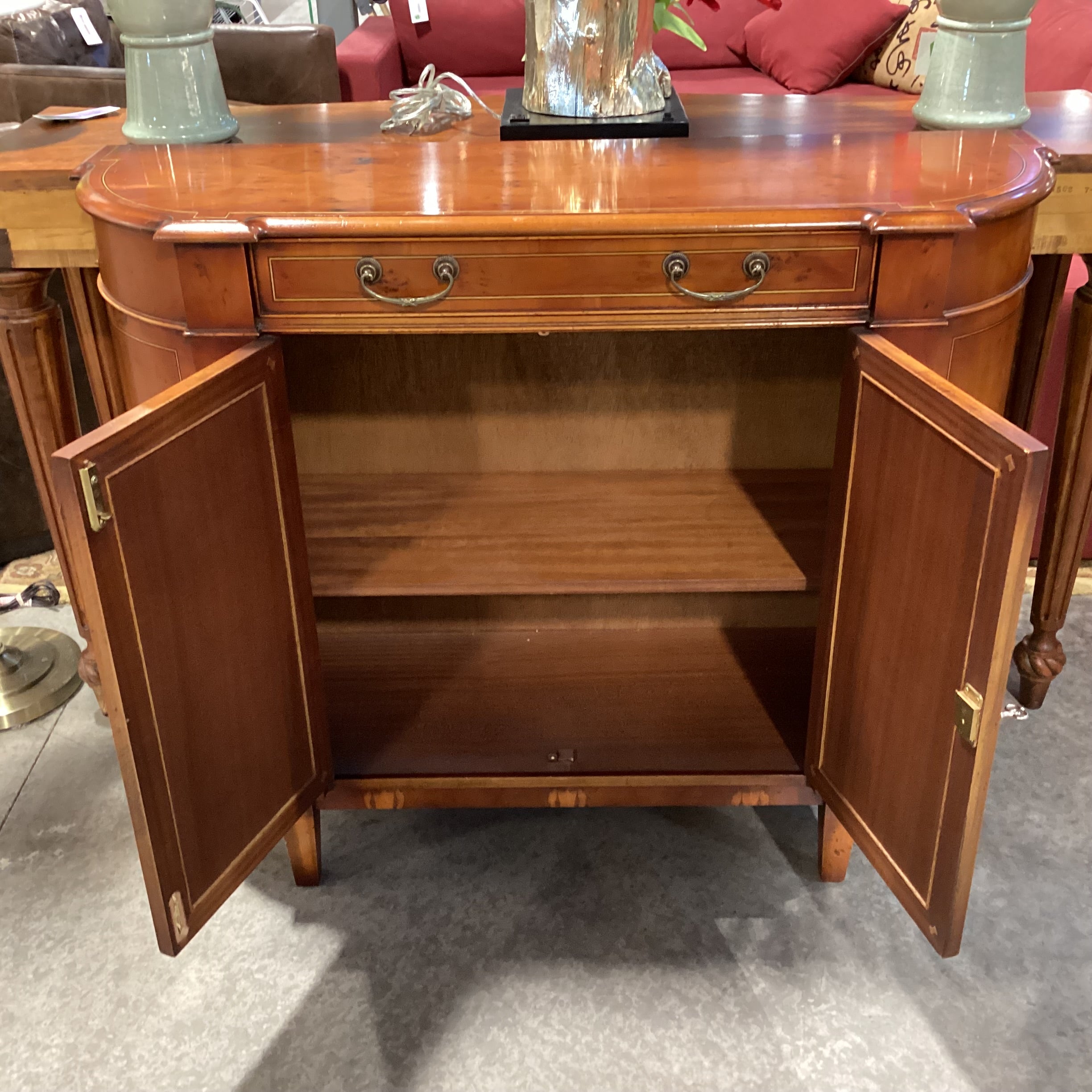 Antique Inspired Bow Front Burl or Birdseye Veneer & Decorative Inlay Lines 2 Door with Drawer Console 48"x 15.5"x 38.5"