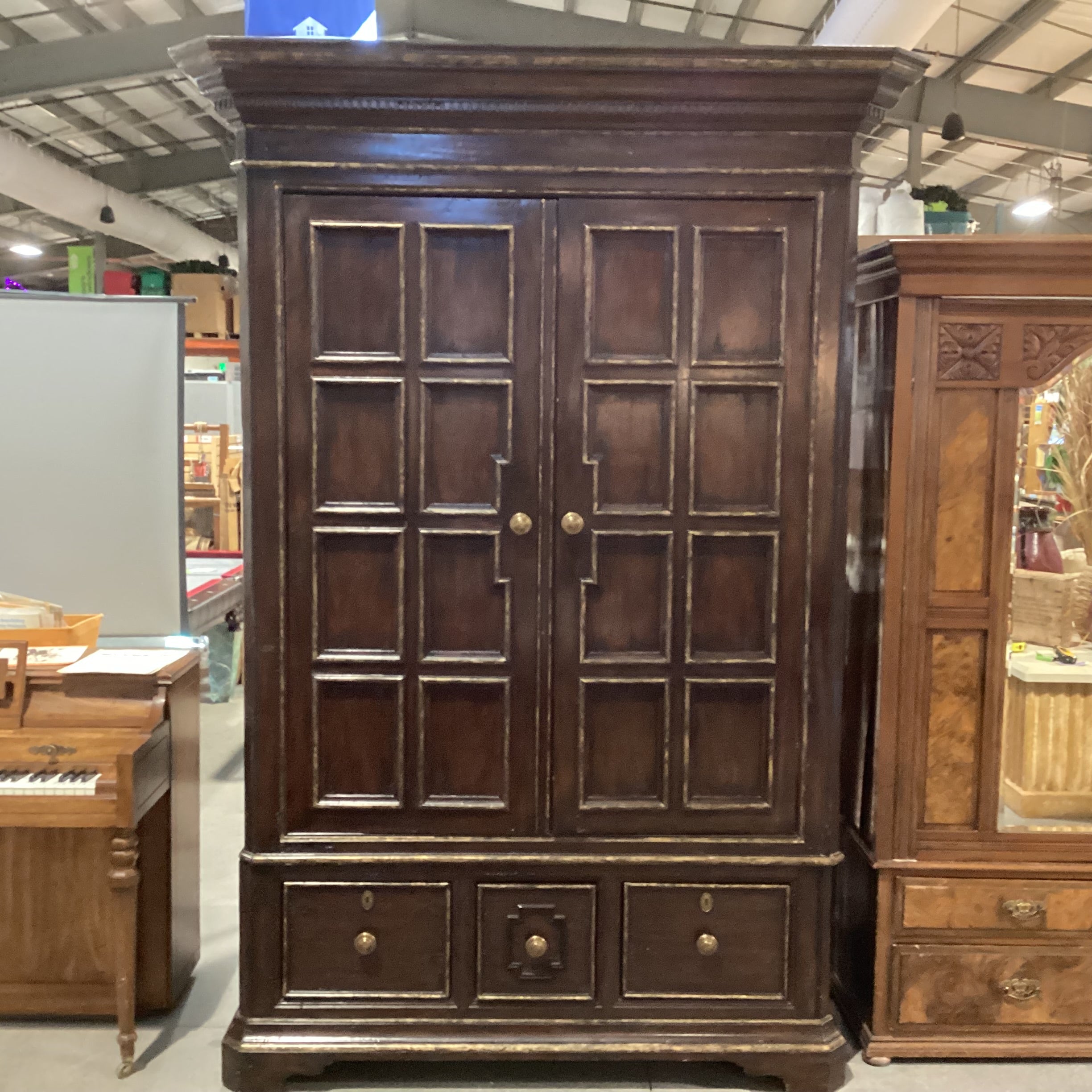 Marge Carson Dark Distressed with Brushed Gold Carved Wood Brass Pulls 5 Drawer 2 Door Wardrobe Armoire 64"x 32"x 94"