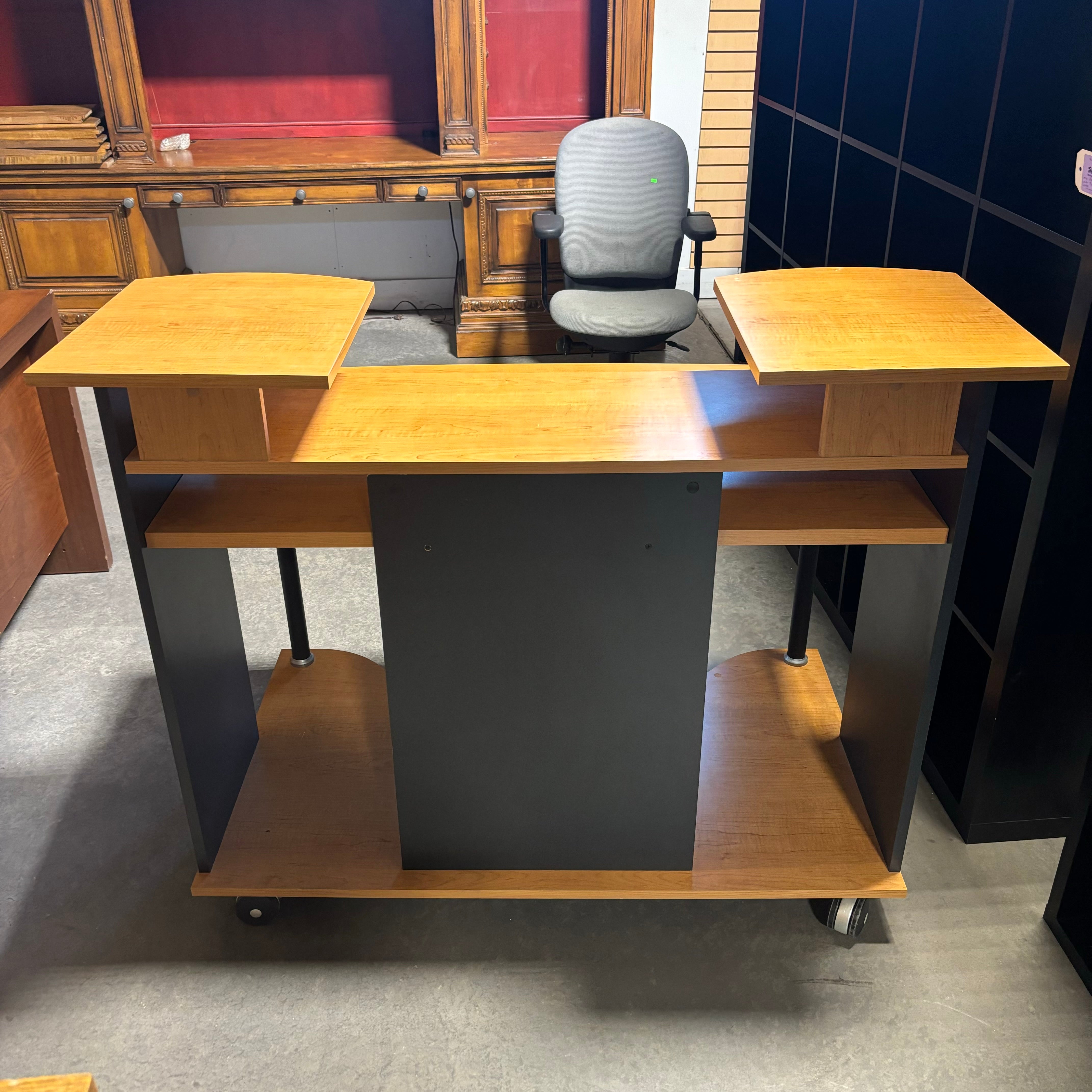 Light Wood Veneer Top with Black Metal & Wood Multi Surface On Casters Computer Desk 52"x 41"x 30.5"