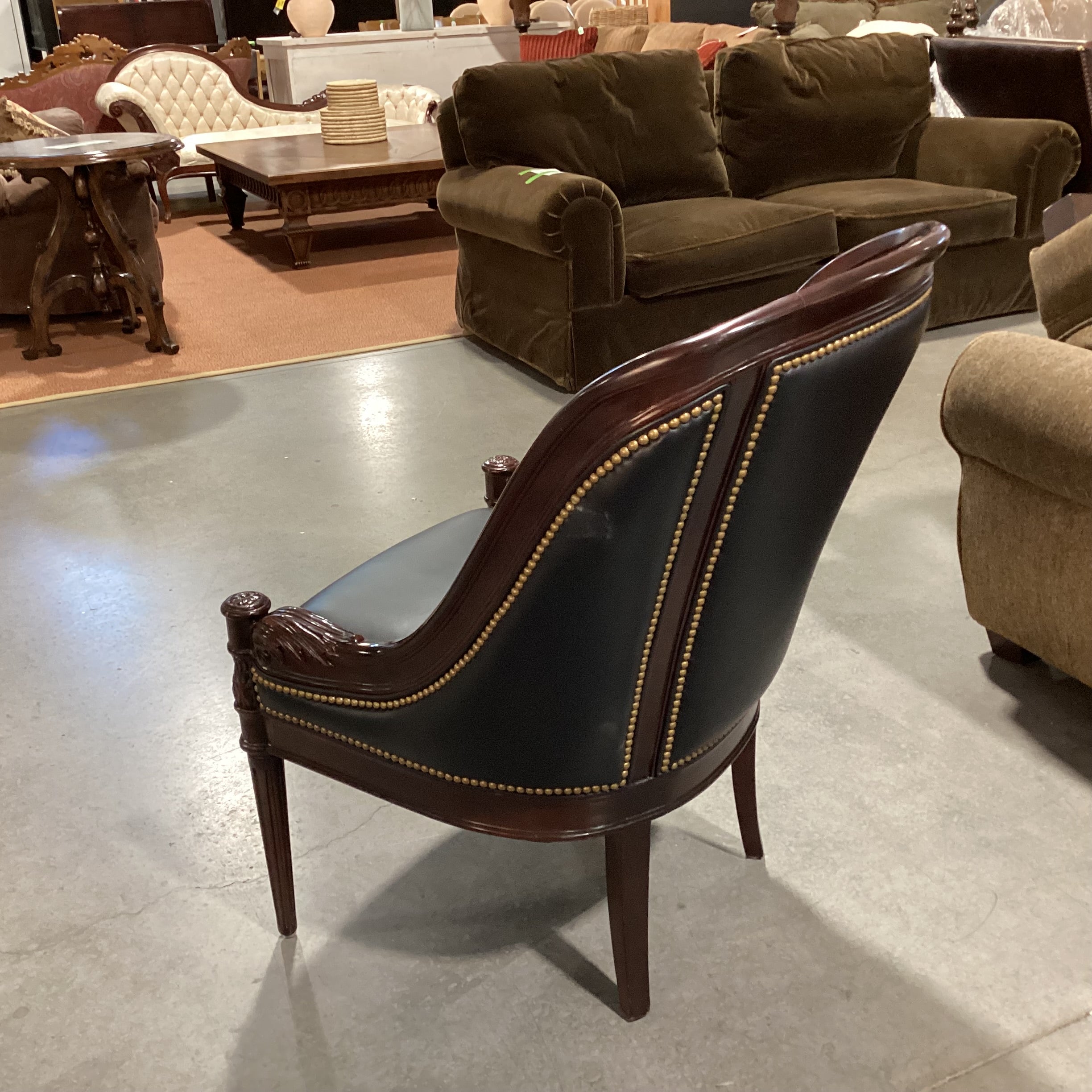 Hancock & Moore Ornate Mahogany Finish Wood Black Leather Tufted Nailhead Accent Chair 27"x 32"x 39"