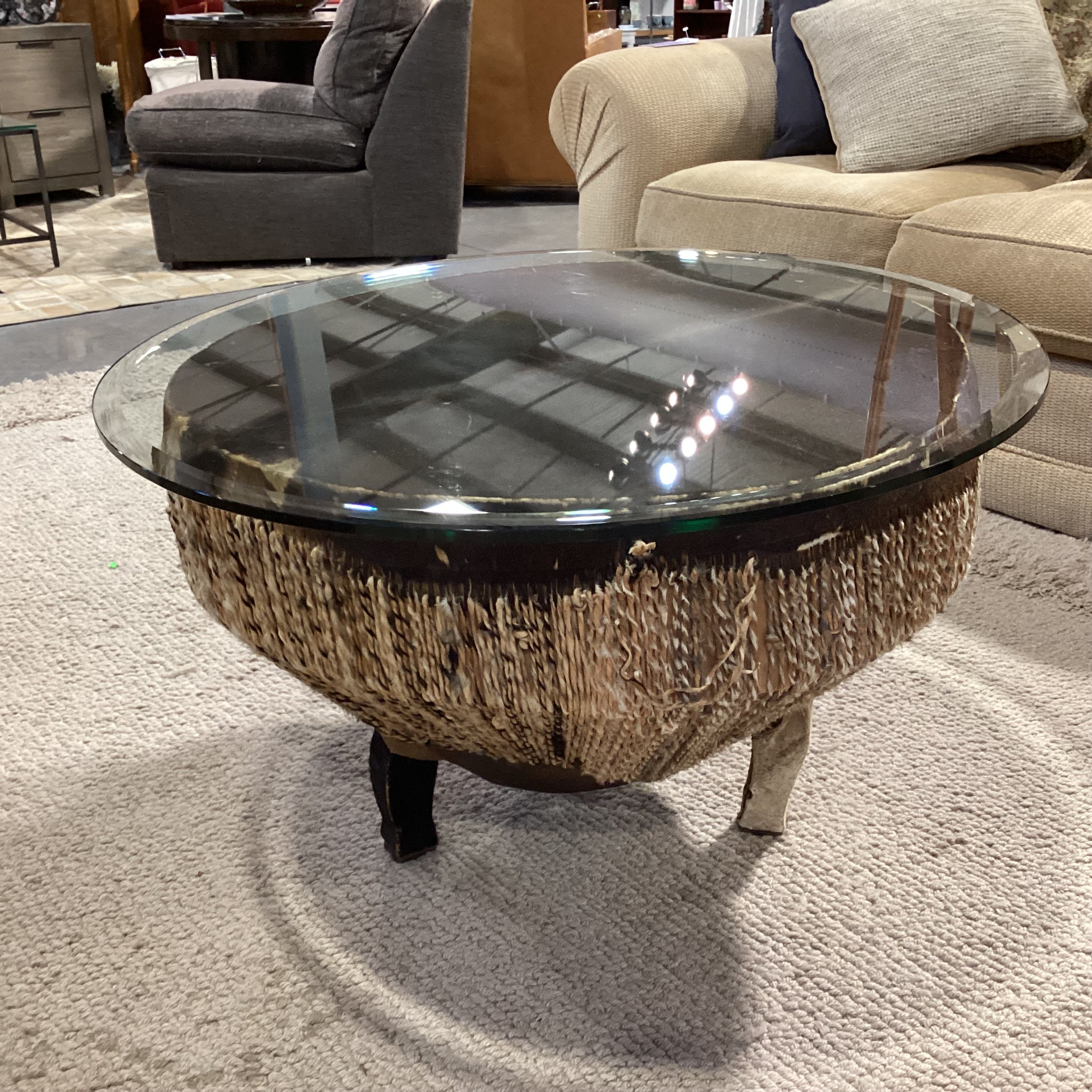 Vintage African Tribal Drum with Hide & Glass Top Coffee Table 34" Diameter x 20"