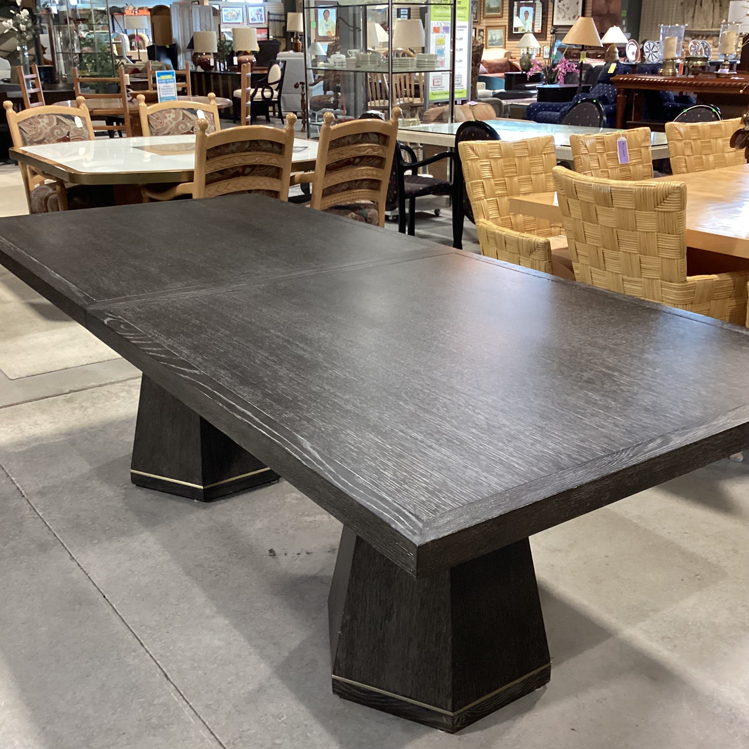 Mitchell Gold & Bob Williams Modern Cerused Charcoal Finish Oak Geometrical Pedestals with Brass Emerson Dining Table 96" to 132"x 42"x 30.5"