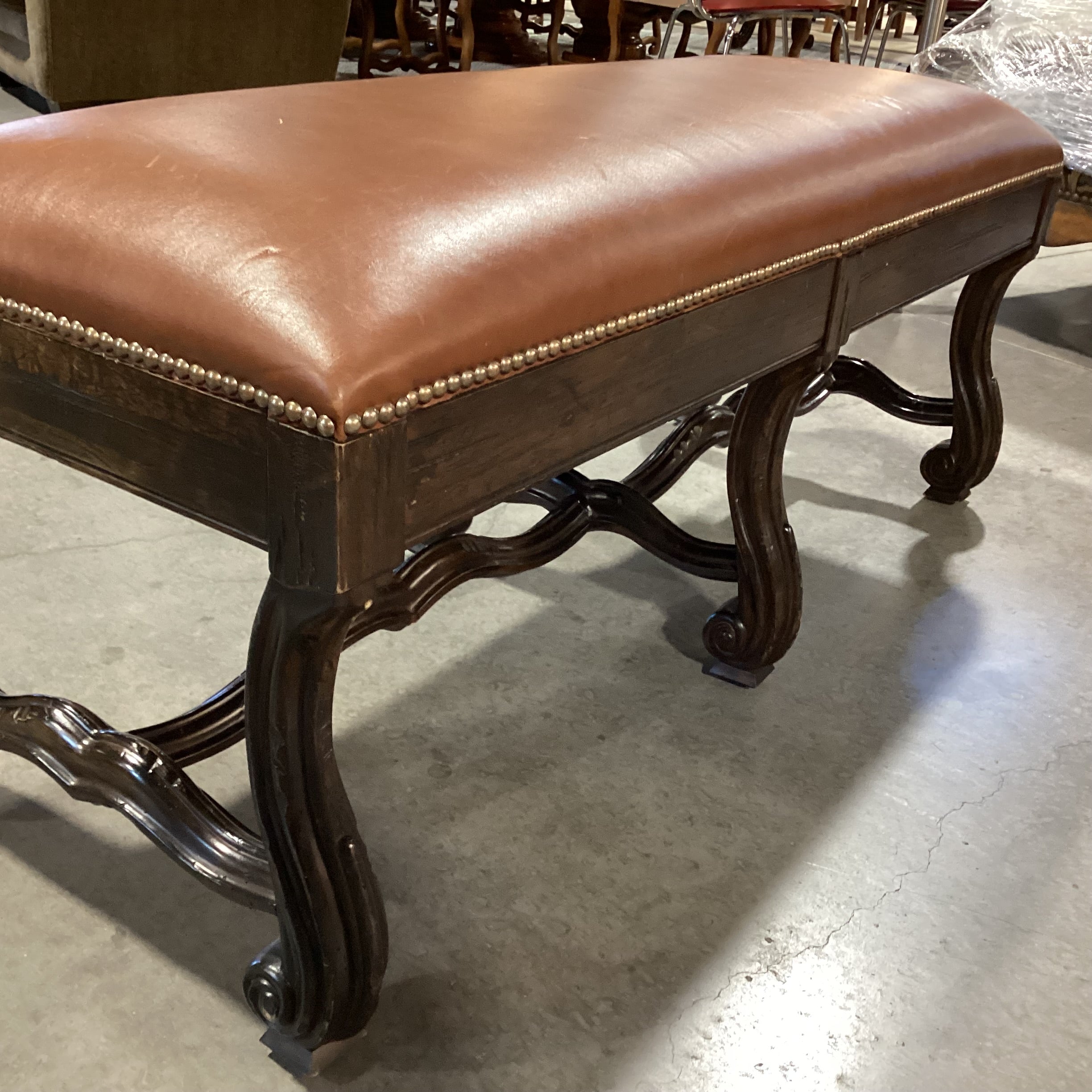 Lorts Leather Nailhead With Dark Finish Ornate Carved Trestle Bench 48"x 19"x 20"