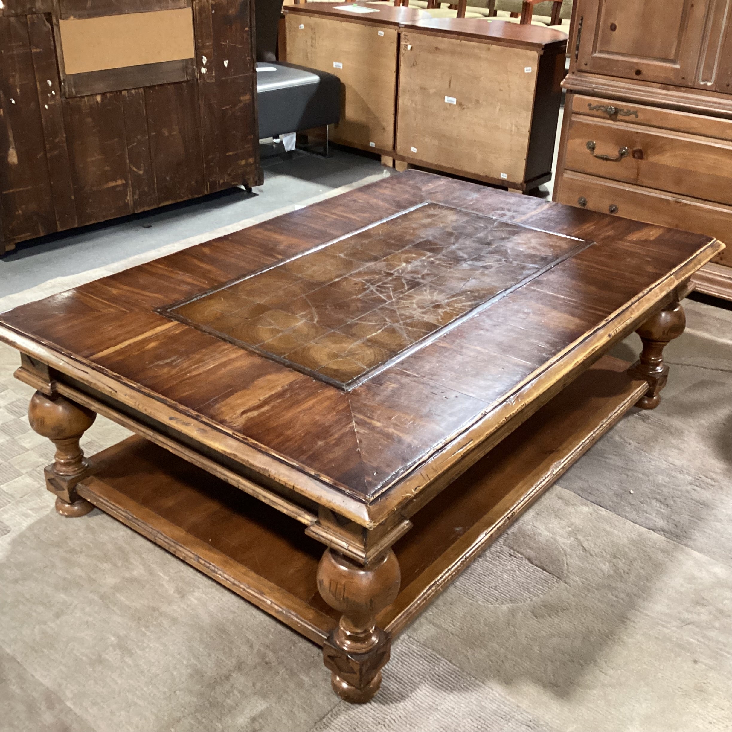 Solid Carved Distressed Wood with Center Block Style & Bottom Shelf Coffee Table 61"x 41"x 20"