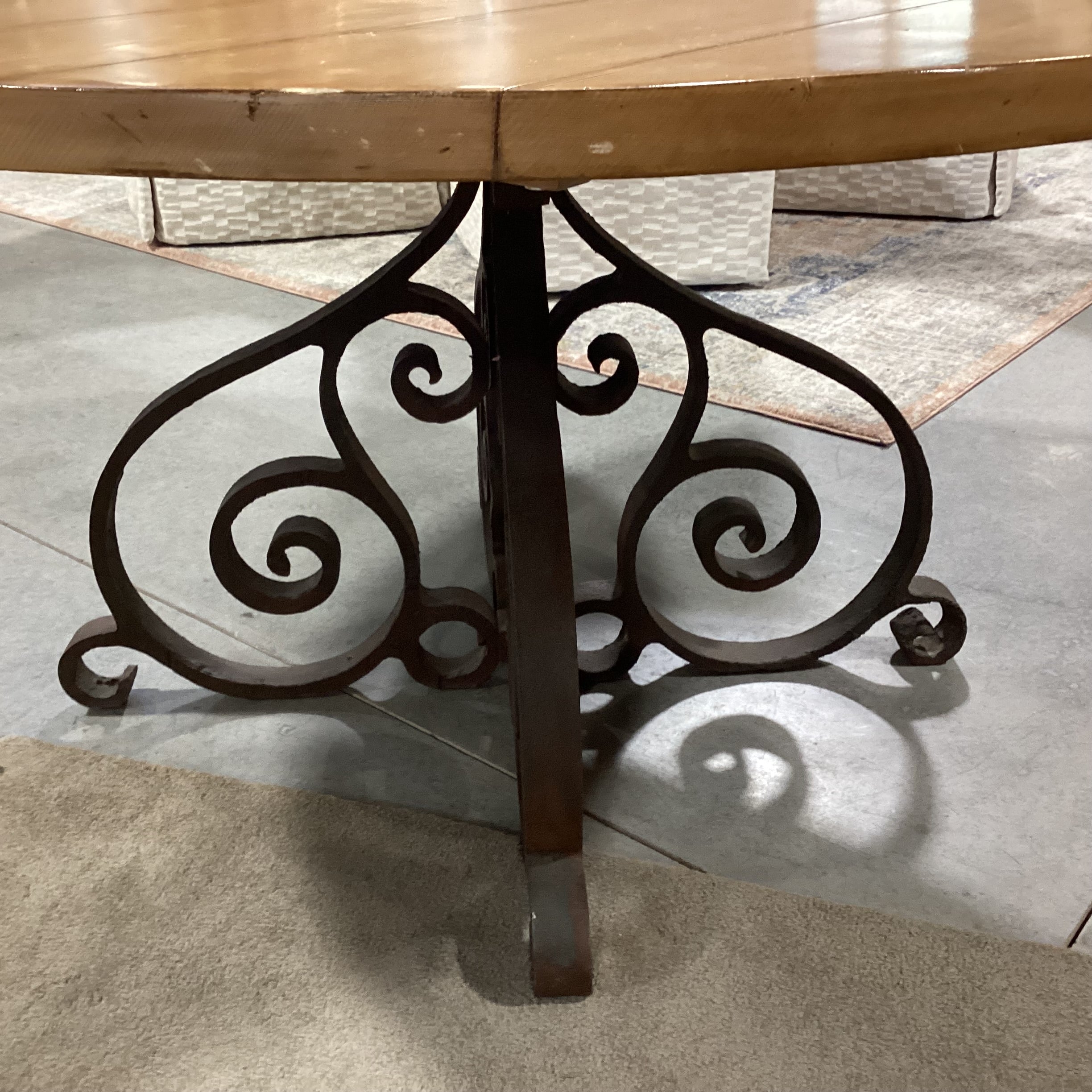 Round Pine Plank & Heavy Ornate Iron Dining Table 54" Diameter x 29.5"
