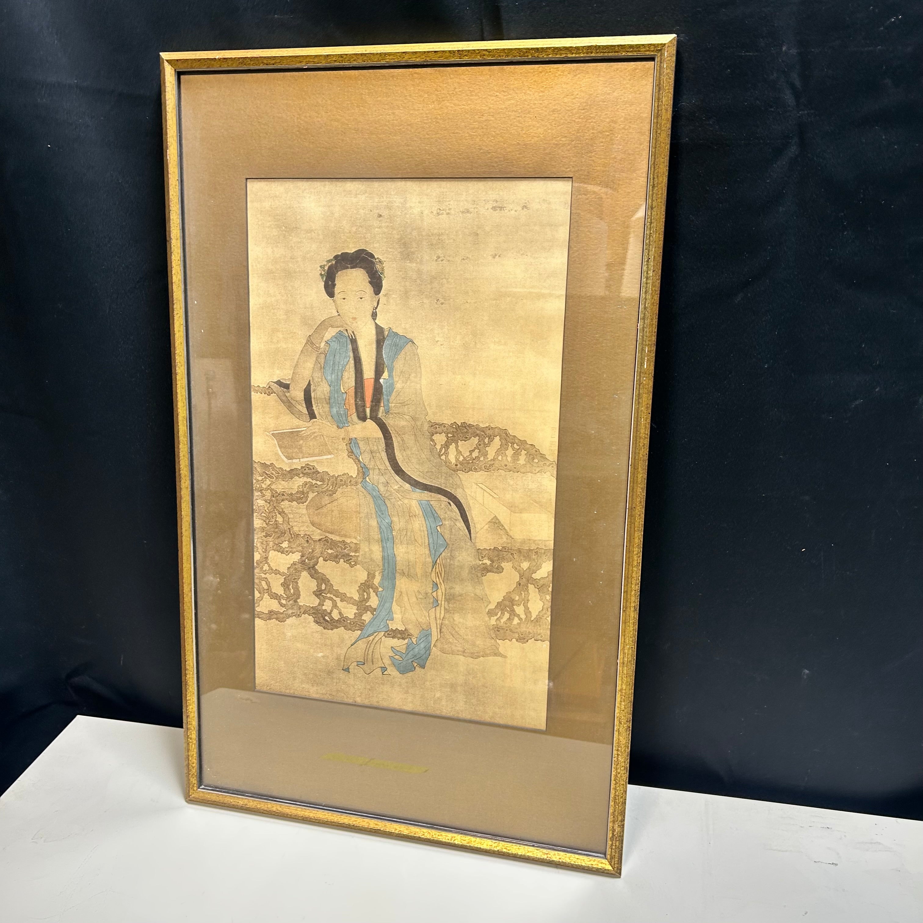 Vintage Print Of A  Woman Sitting On A Burl Furniture 17"x 27"