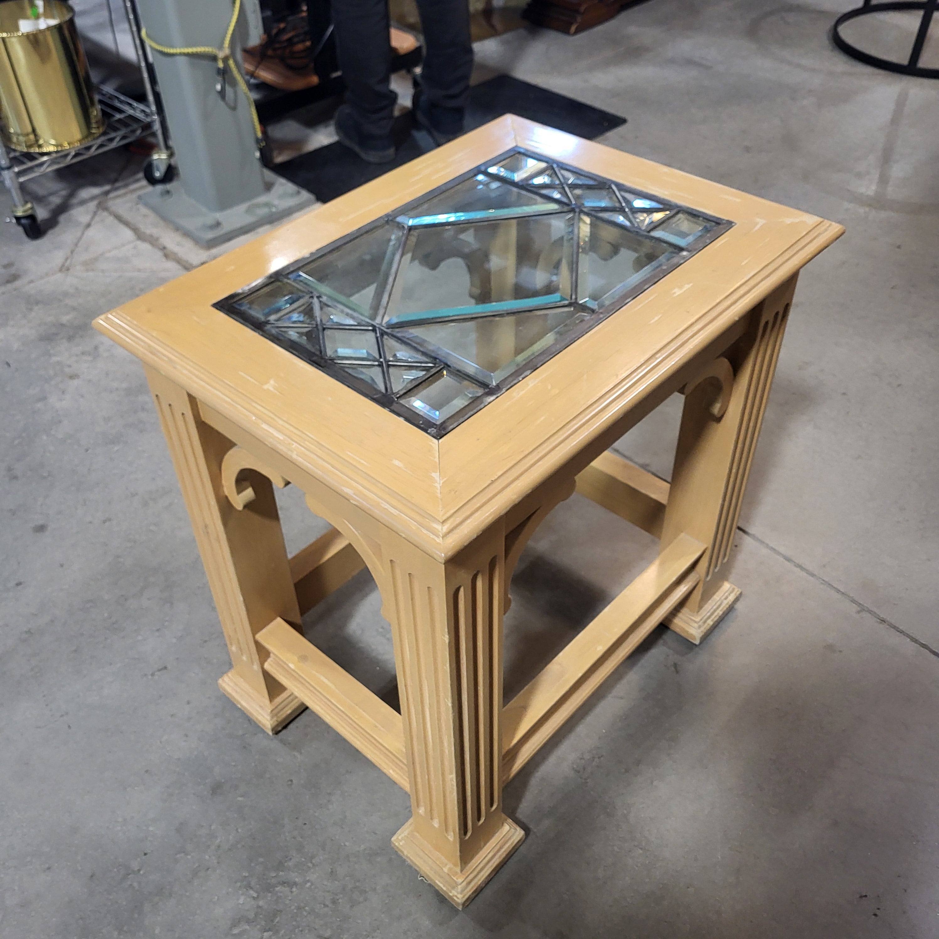 Light Wood with Leaded Glass Top End Table 24"x 18"x 24.5"