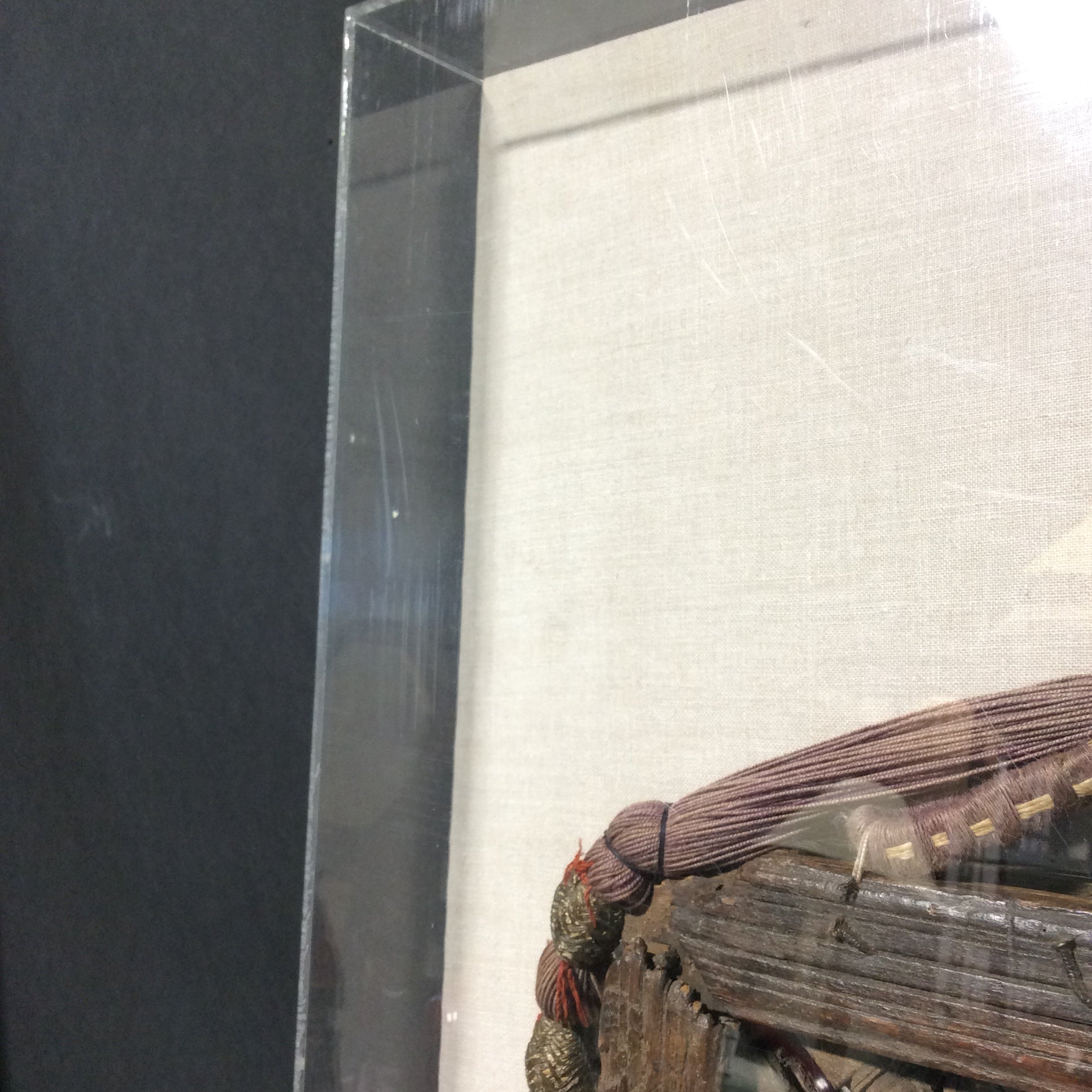 Antique Hand-Carved Wood With Ornamental Fabric Hanger/Attachment In Plexiglass Shadow Box 36" x 25"