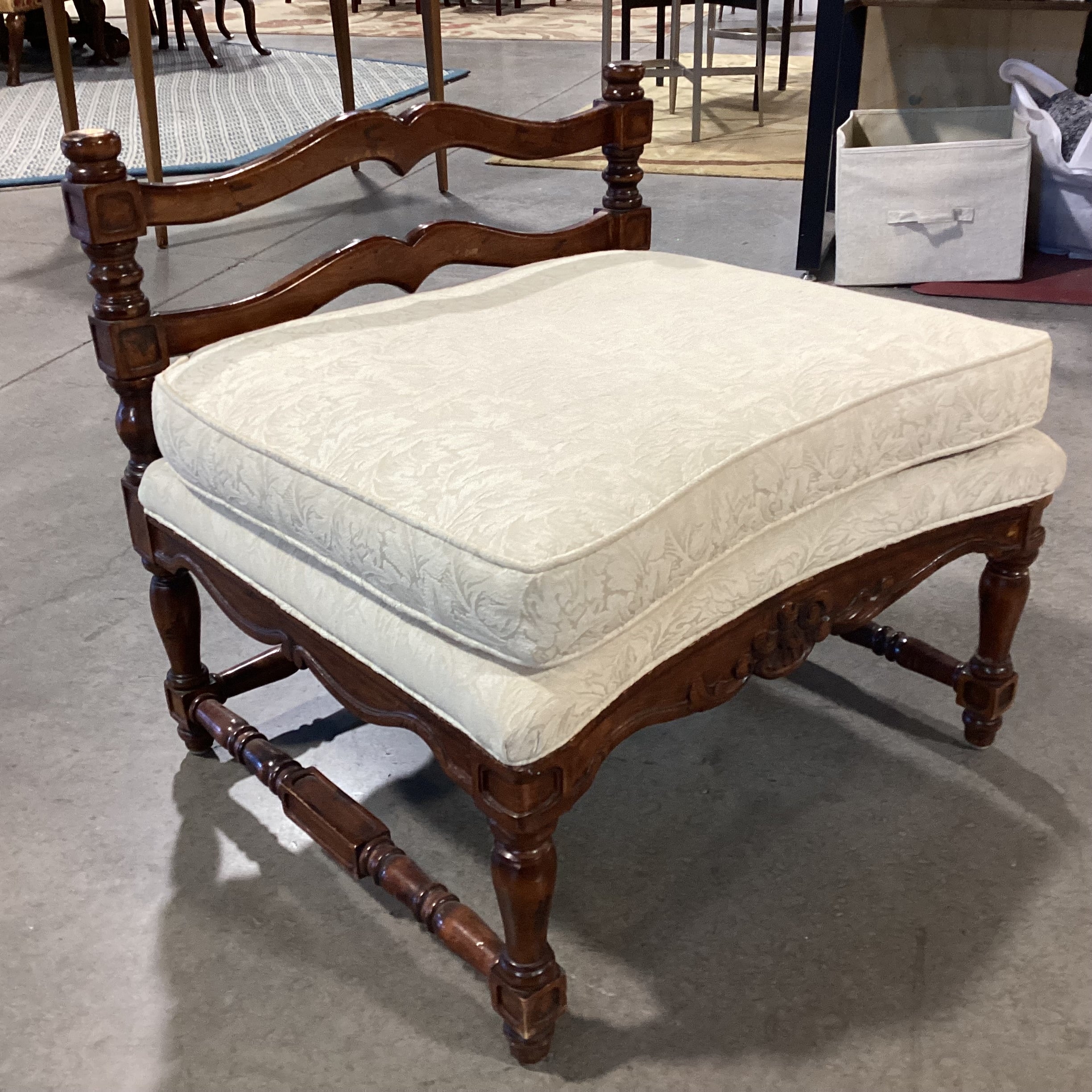 Carved Wood & Cream Cushion Bench Ottoman 25.5"x 23"x 24.5"