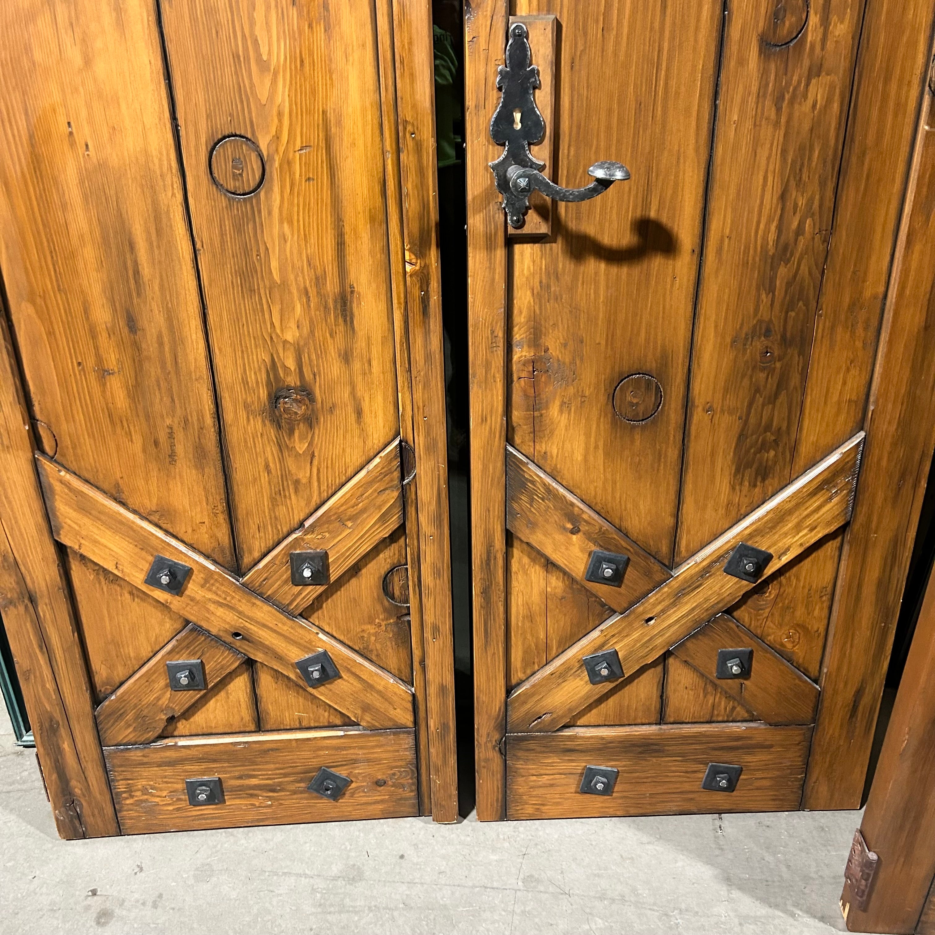 25.5"x 86.5"x 2" PAIR of Rustic Pine Closet Doors with Iron Hardware Accents