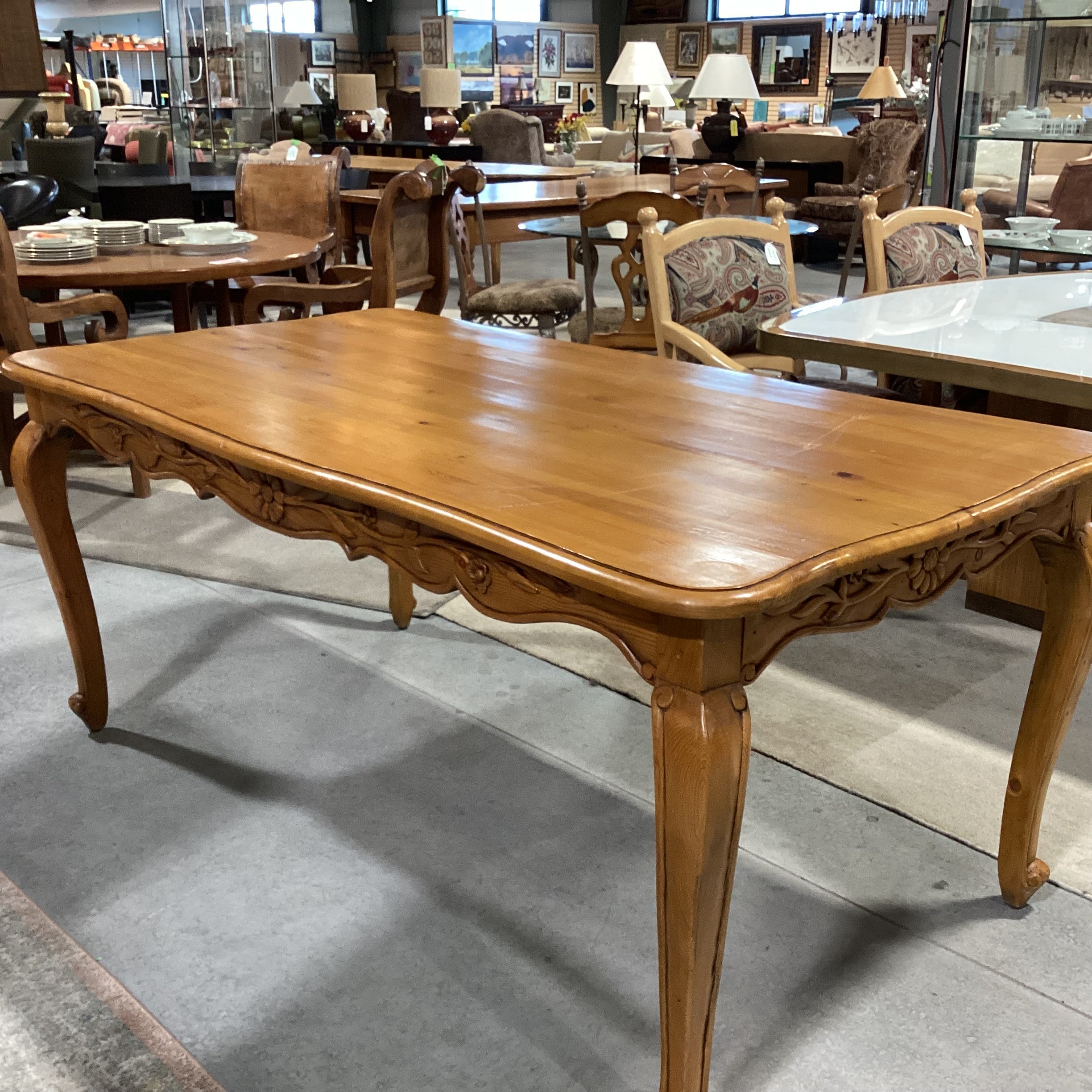 French Country with Carved Detail Finished Pine Dining Table 72"x 38.5"x 32"