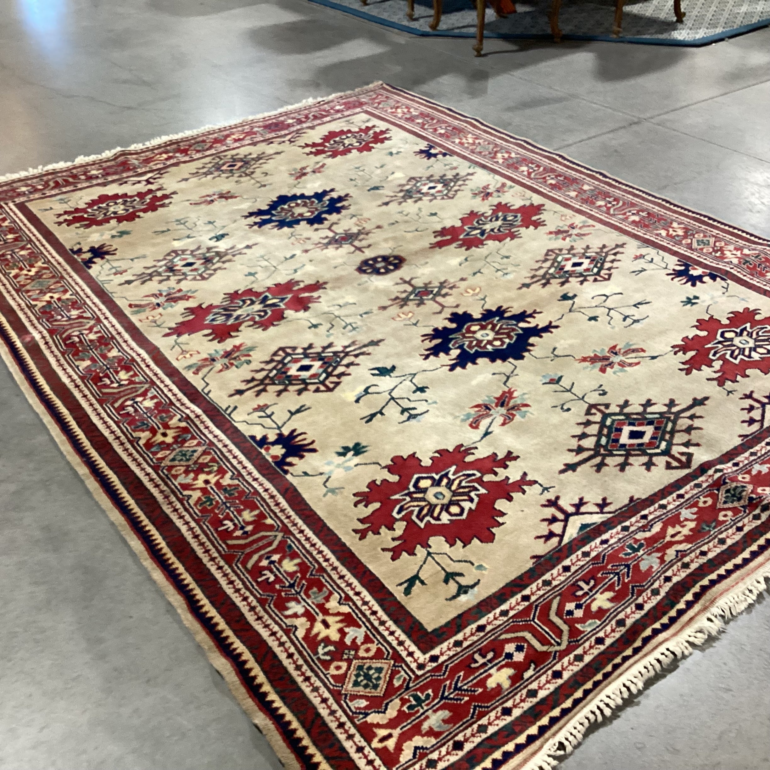 Vintage Beige Tan Red Navy Hand Woven Wool Rug 6'7" x 9'