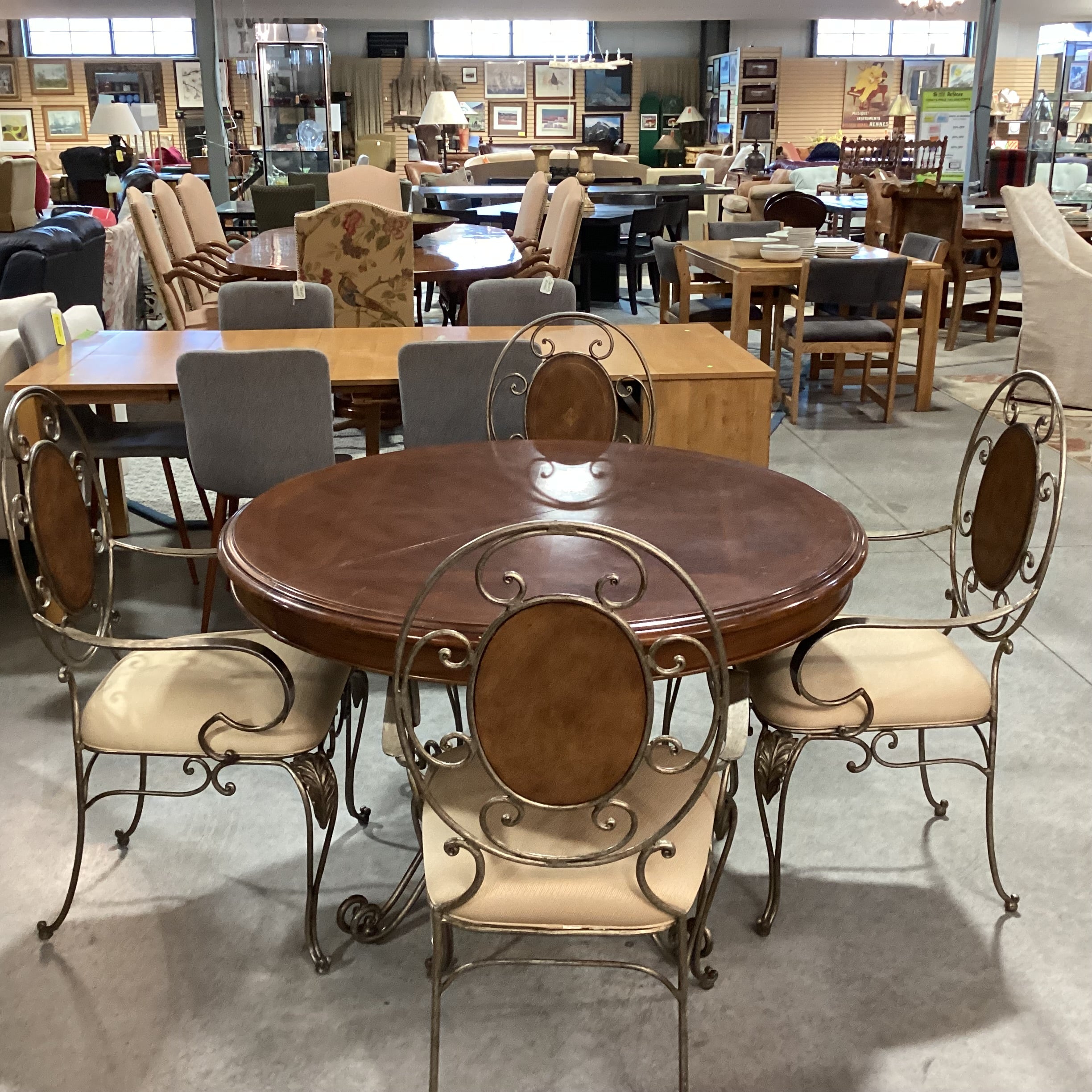 Round Finished Wood & Iron Table with 4 Chairs Dining Set 48" Diameter x 30"