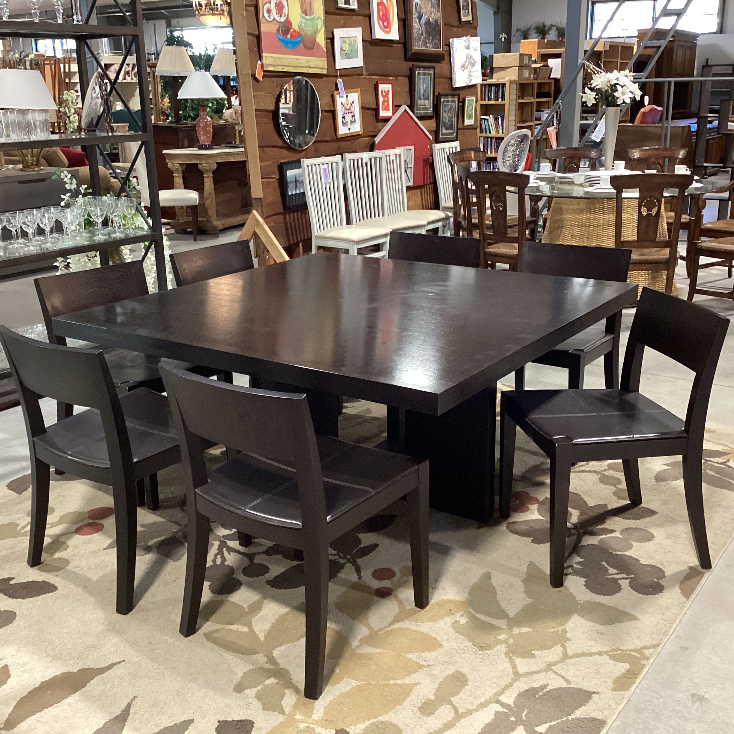 Casa Milano Italian Modern Japandi Design Table with 7 Wood & Leather Chairs Dining Set 59"x 59"x 29"